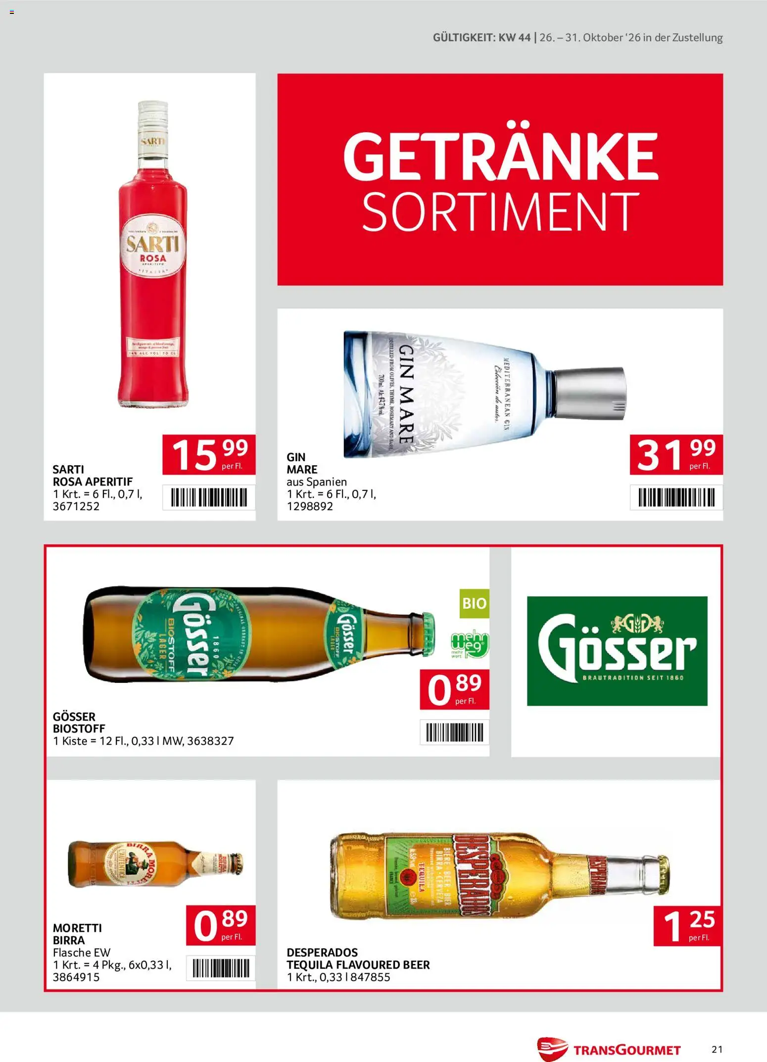 Transgourmet Flugblatt gültig ab 26.10.2026 | Seite: 21 | Produkte: Gin, Desperados, Getränke