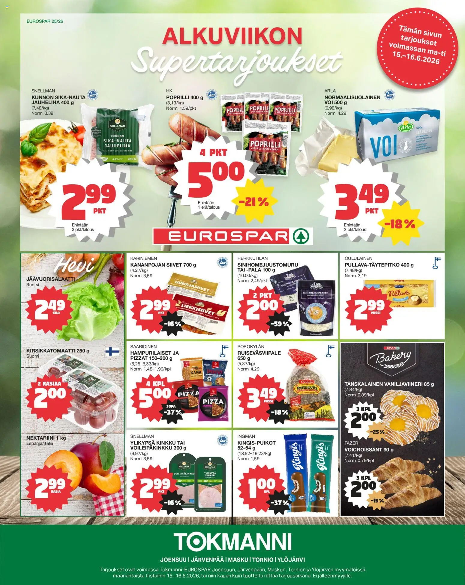Tokmanni - EUROSPAR – voimassa 15.06.2026 alkaen | Sivu: 1 | Tuotteet: Jäävuorisalaatti, Nektariini, Kirsikkatomaatti, Voi
