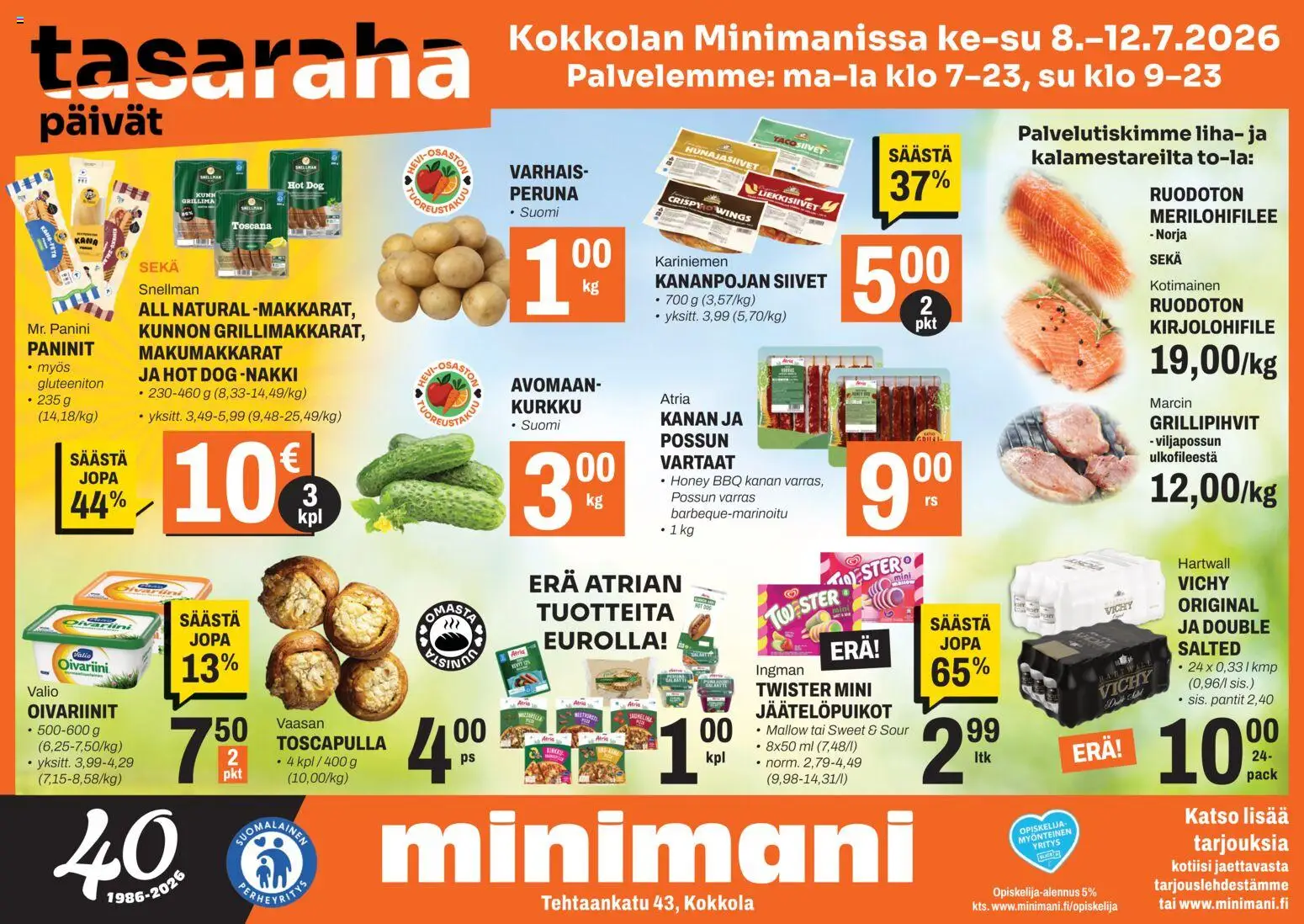 Minimani tarjoukset - Kokkola – voimassa 08/07/2026 alkaen | Sivu: 1 | Tuotteet: Vartaat, Kana, Peruna, Kurkku