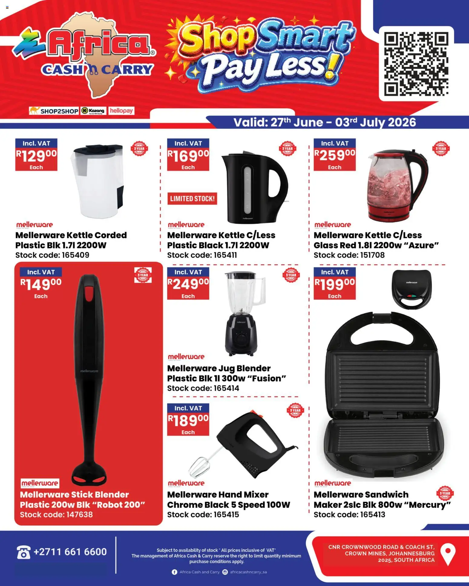 New Africa Cash & Carry catalogue – valid from 27/06/2026 | Page: 1 | Products: Kettle, Mixer, Blender, Stock