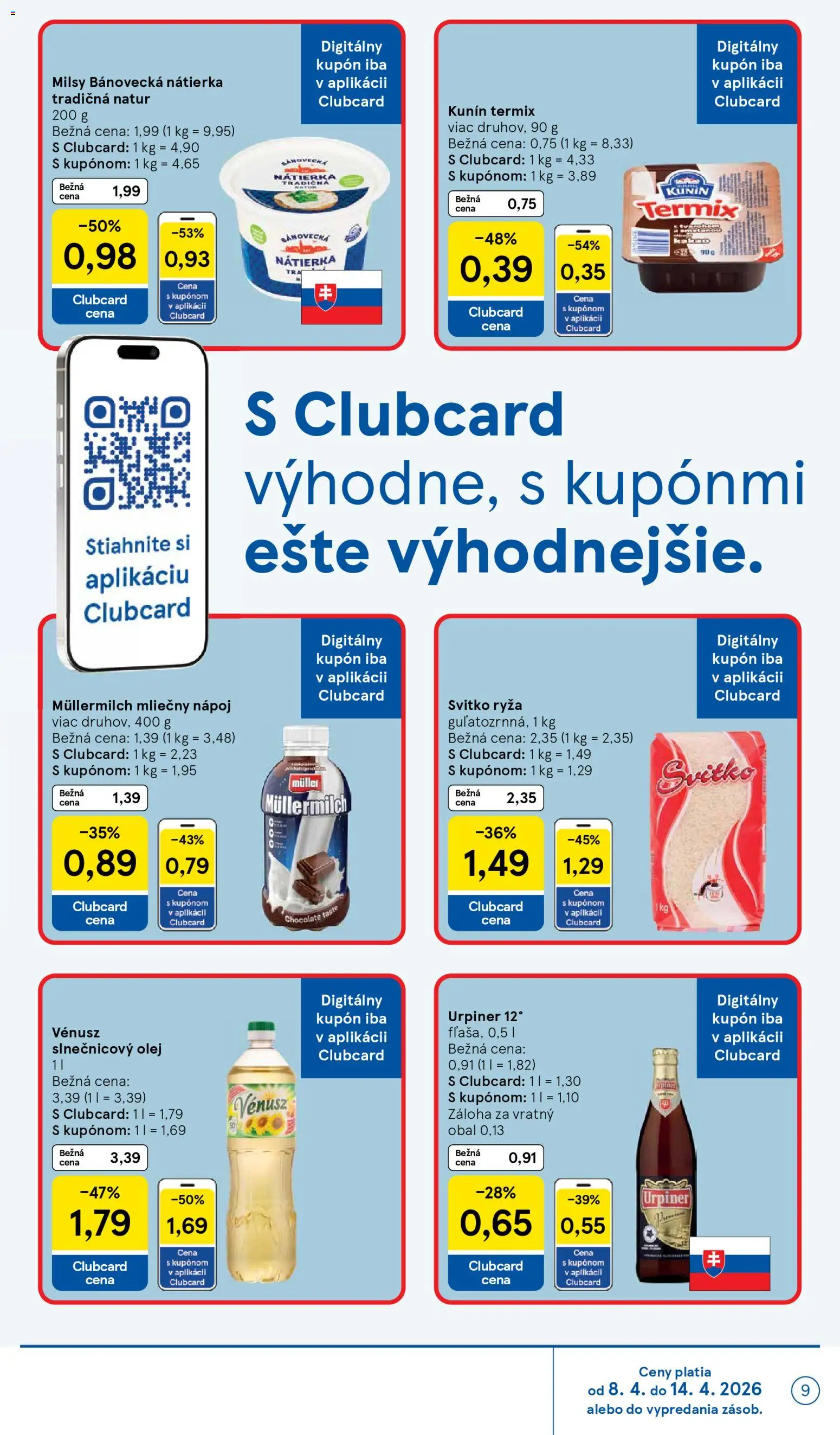 Nové Tesco akcie – leták je platný od 08.04.2026 | Strana: 9 | Produkty: Olej, Ryža, Slnečnicový olej, Kakao