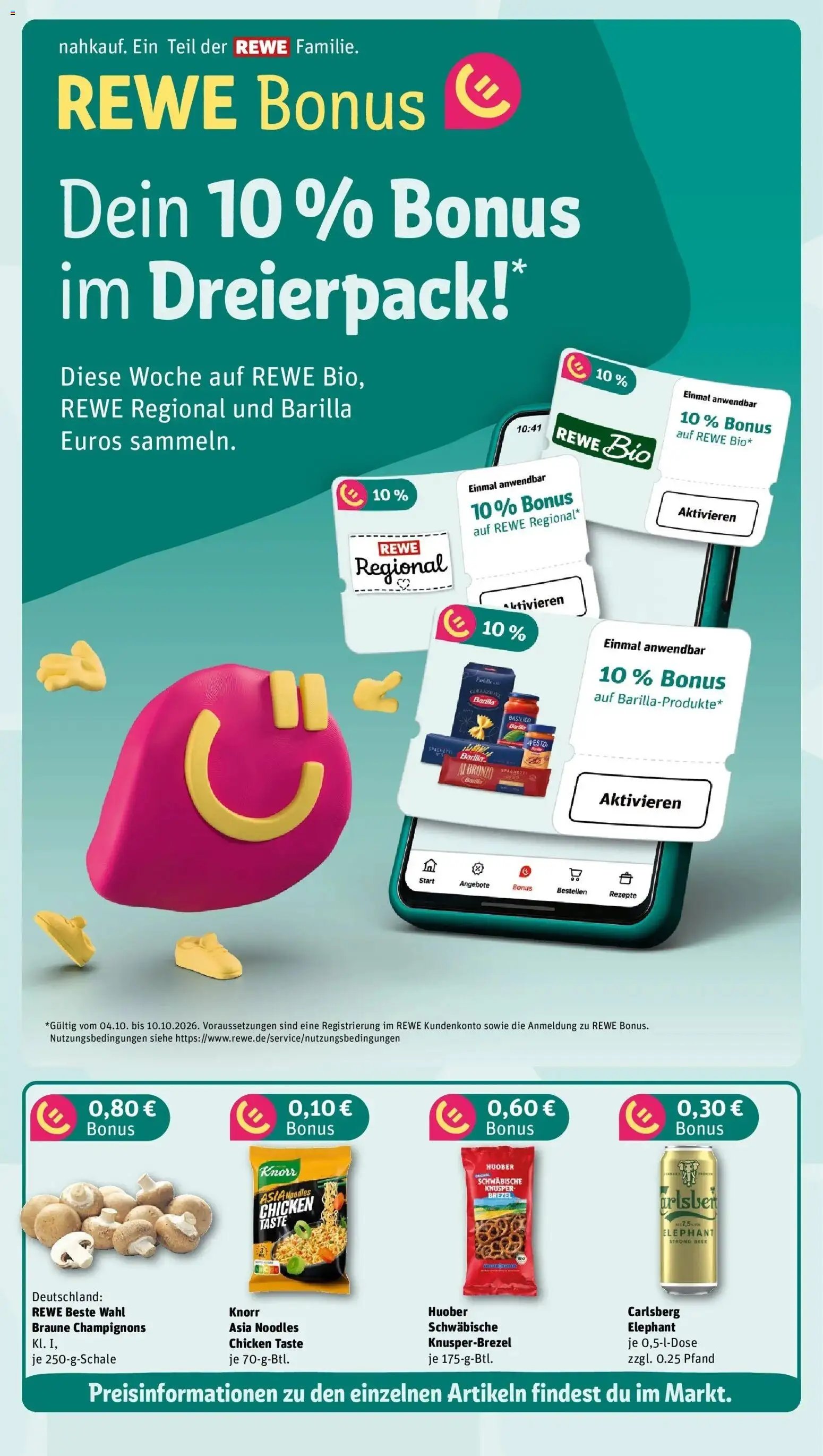 REWE Prospekt ab 05.10.2026 zum Blättern » Angebote | Seite: 4 | Produkte: Carlsberg, Spaghetti, Barilla pesto, Champignons