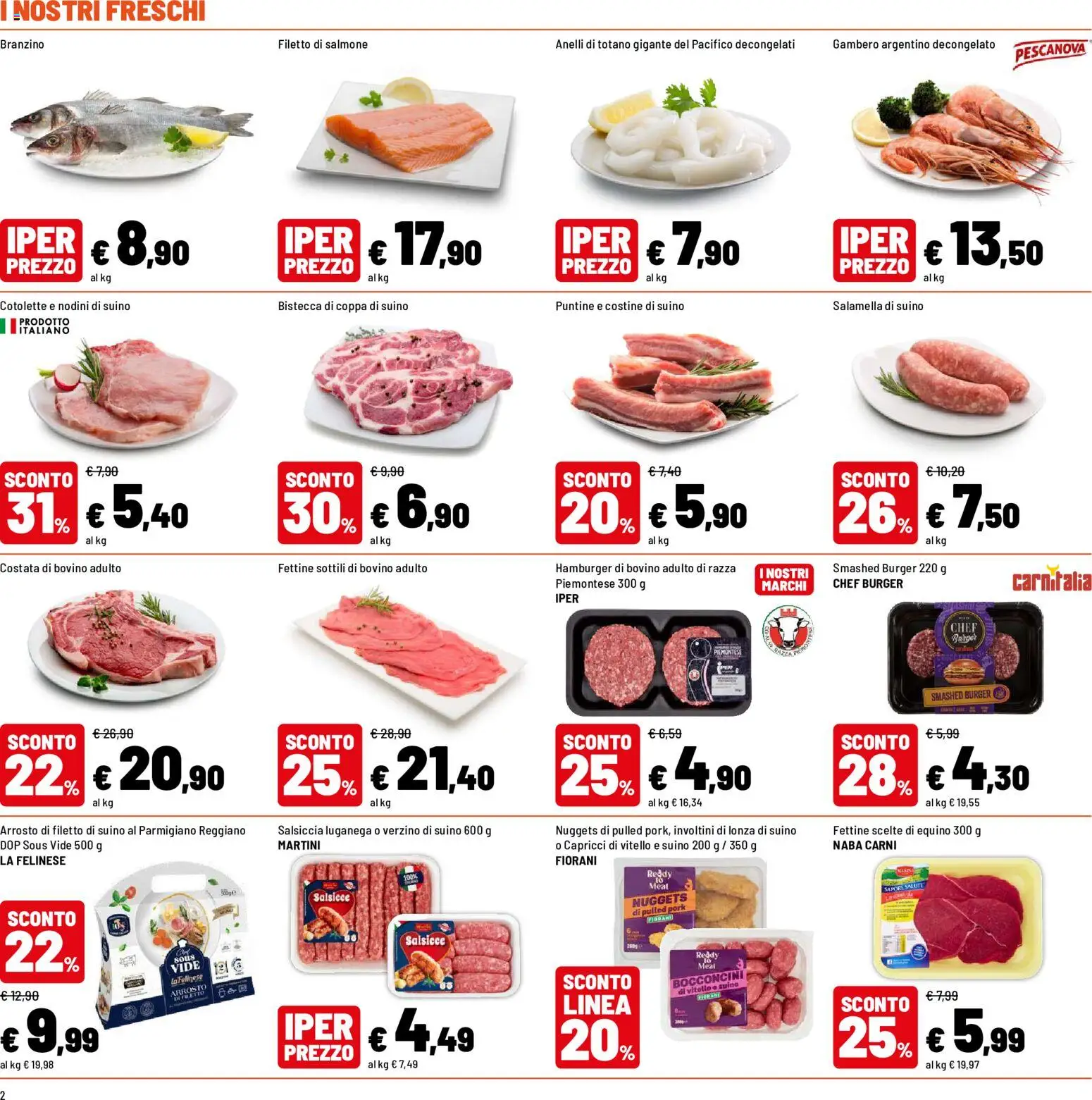 Volantino Iper del 10/08/2026 | Pagina: 2 | Prodotti: Salmone, Salsiccia, Parmigiano, Totano