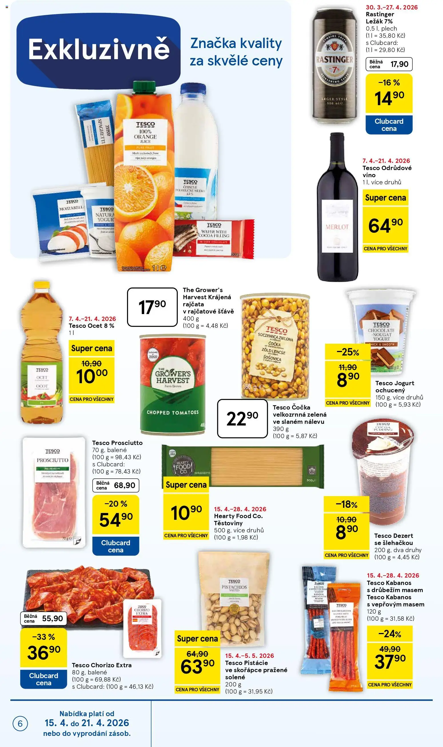 Tesco leták - Supermarket od 15.04.2026 | Strana: 6 | Produkty: Čočka, Prosciutto, Víno, Chorizo
