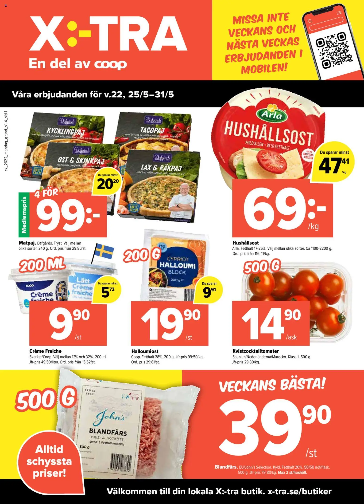 Coop X:-TRA reklamblad aktuell från 25.05.2026 | Sida: 1 | Produkter: Blandfärs, Lax, Creme fraiche, Ost