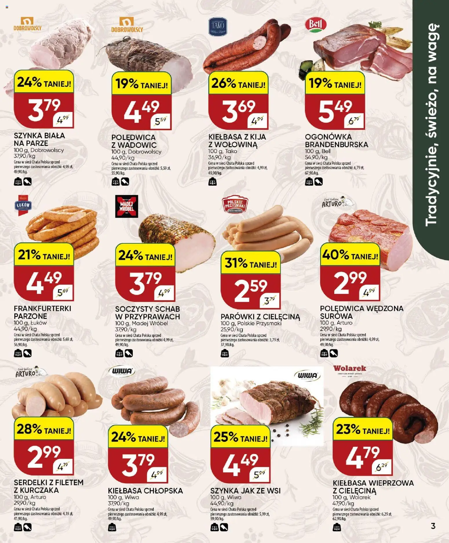Chata Polska gazetka od 22.10.2026 | Strona: 3 | Produkty: Schab, Bell, Parówki, Szynka