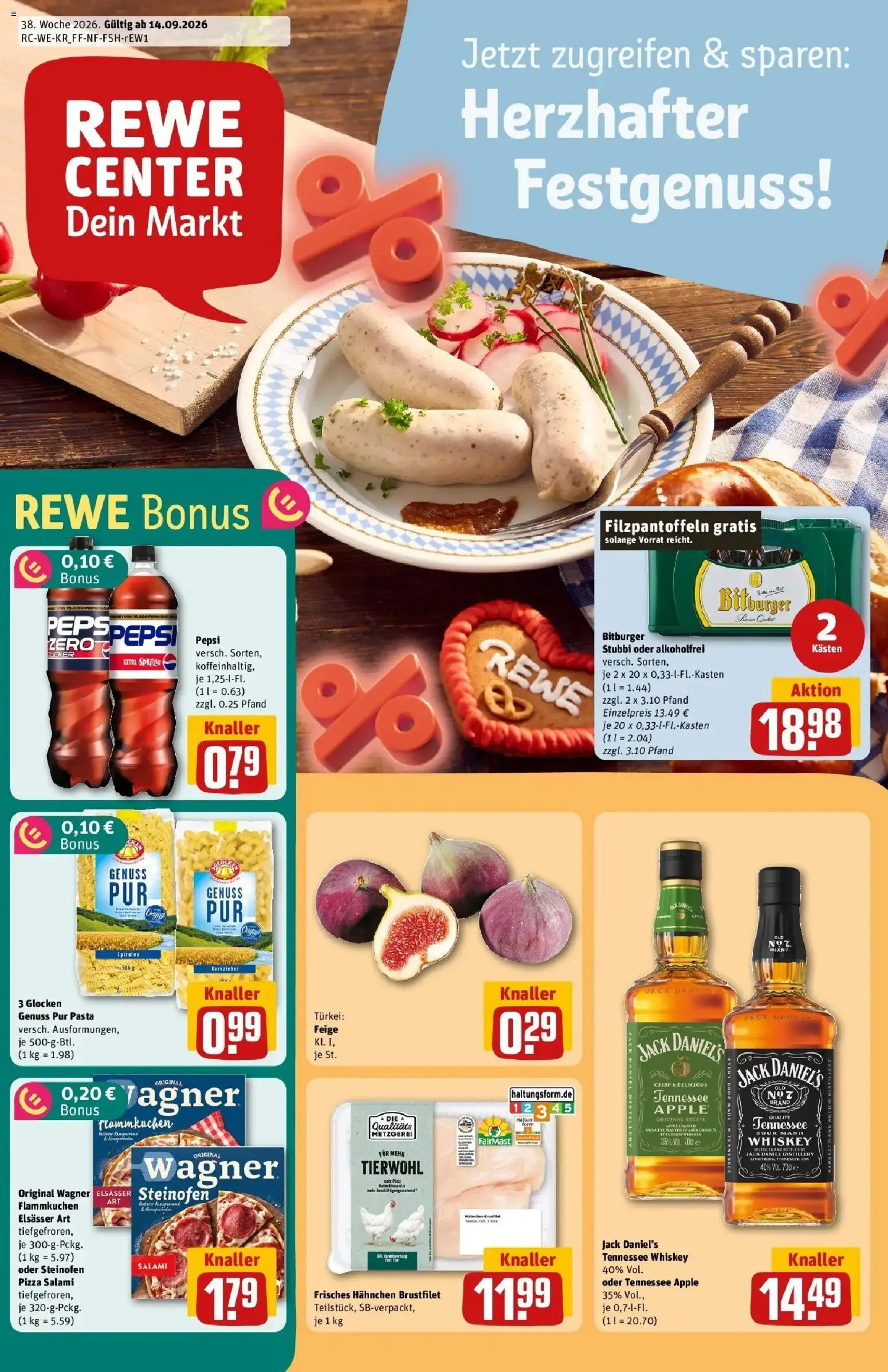 REWE Prospekt ab 14.09.2026 zum Blättern » Angebote | Seite: 1 | Produkte: Jack Daniel's, Apple, Salami, Whiskey
