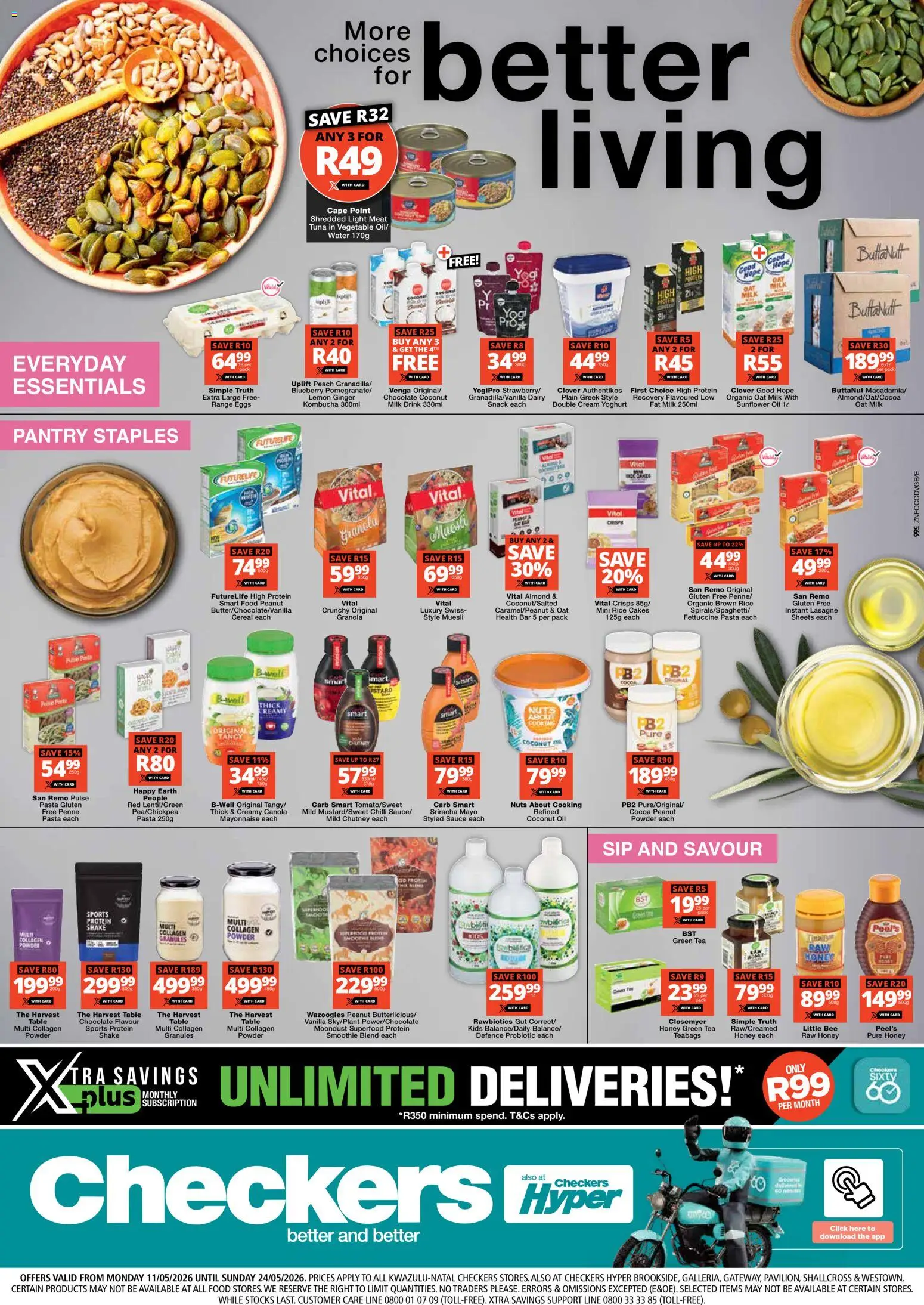 New Checkers catalogue – valid from 11.05.2026 | Page: 1 | Products: Detergente líquido, Milk, Pasta, Peach