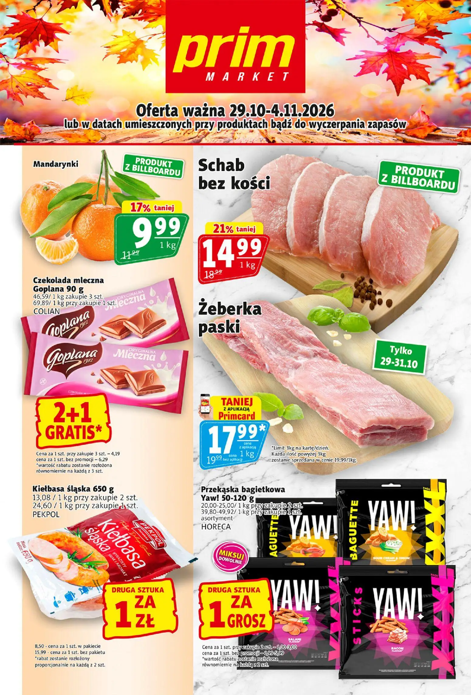 Prim Market gazetka od 29.10.2026 | Strona: 1 | Produkty: Schab, Czekolada mleczna, Salami, Mandarynki