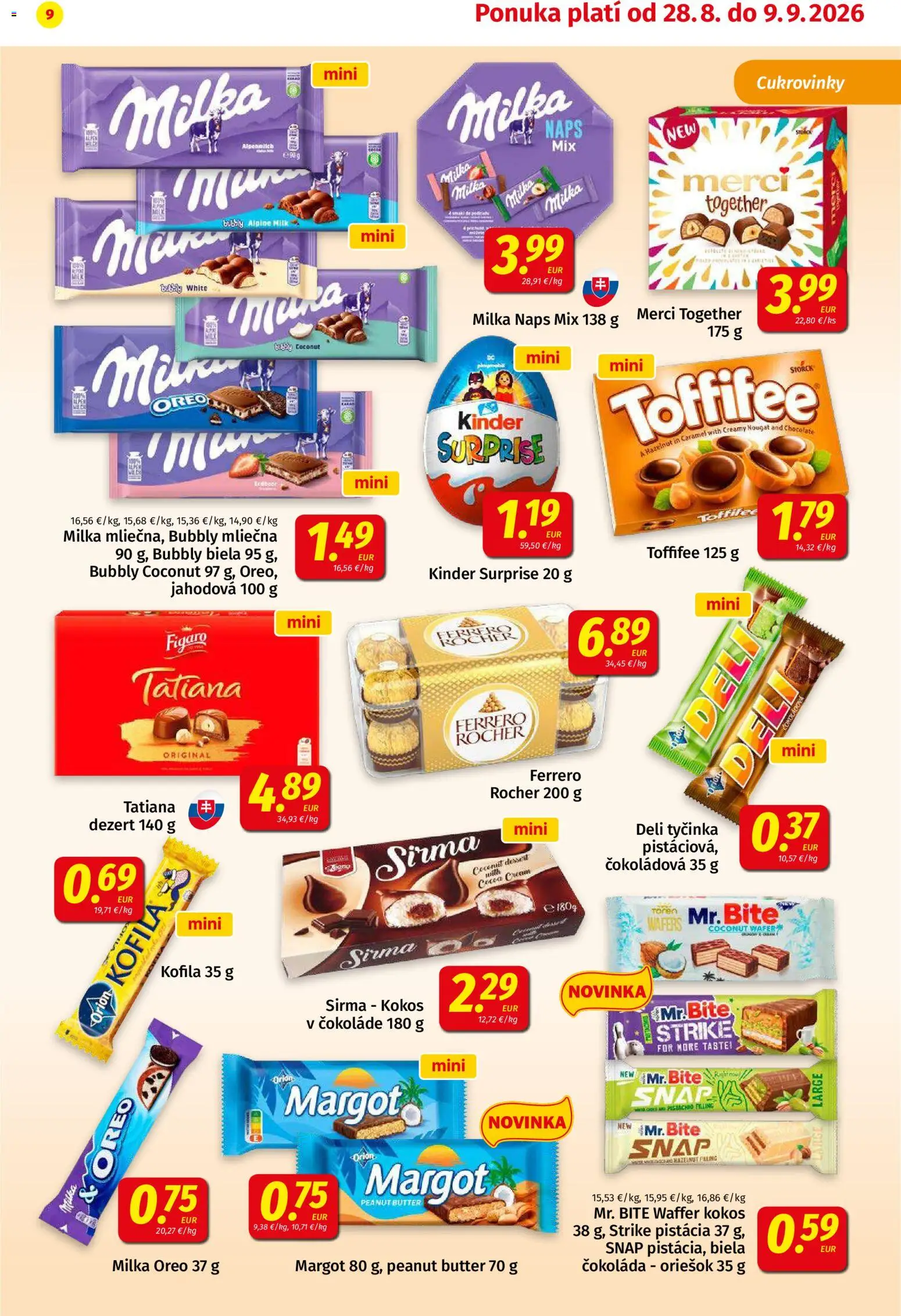 Nové Koruna akcie – leták je platný od 14.08.2026 | Strana: 9 | Produkty: Kinder Surprise, Biela čokoláda, Milka, Ferrero Rocher