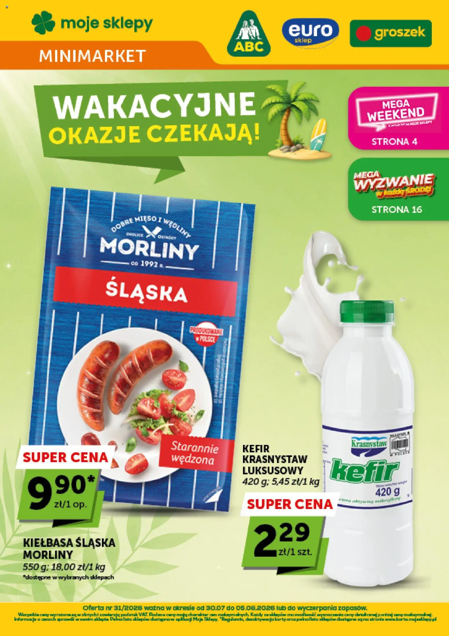 ABC gazetka - Minimarket od 30.07.2026 | Strona: 1 | Produkty: Kiełbasa, Groszek, Kefir, Mięso