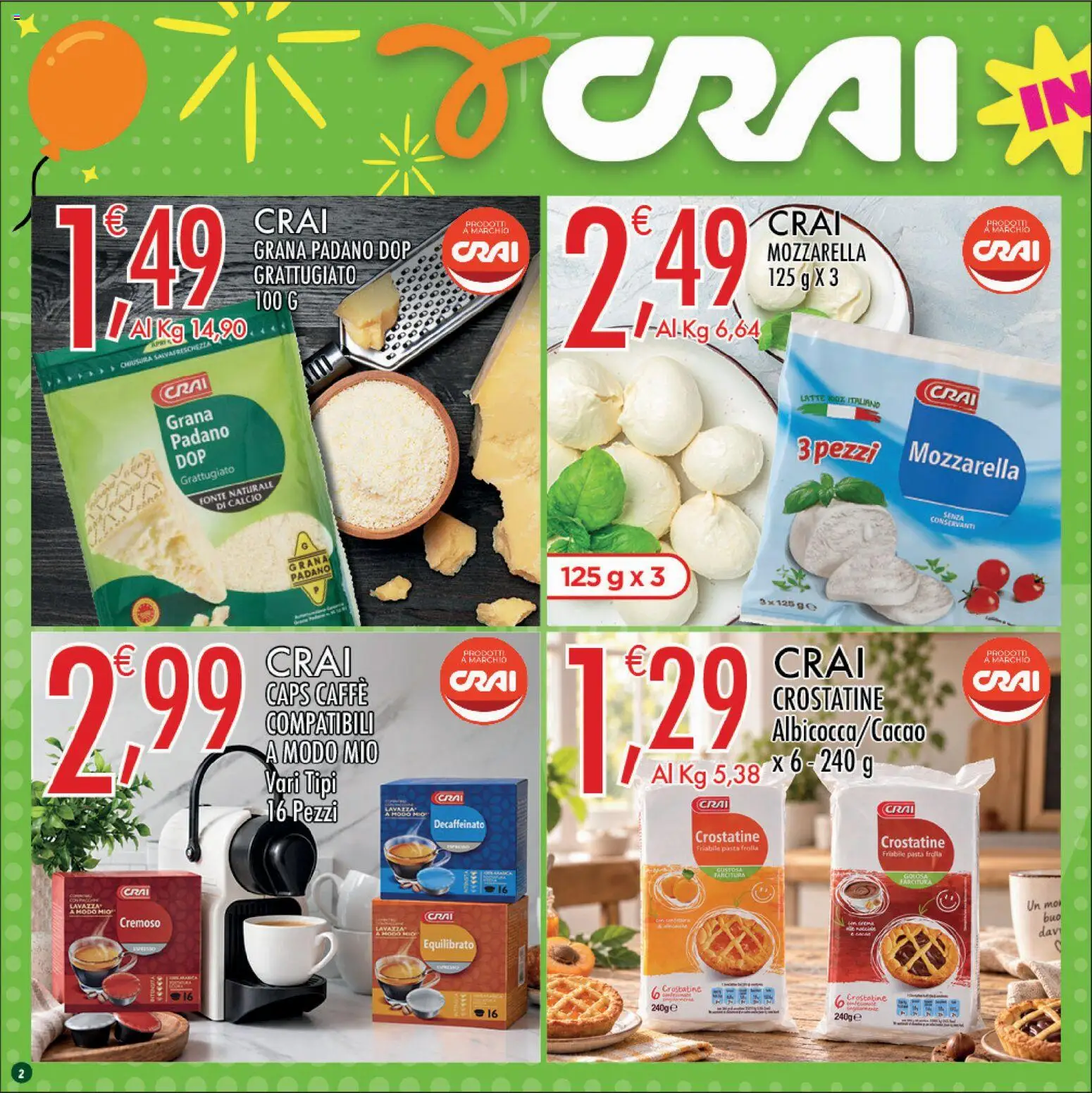 Volantino CRAI del 15/10/2026 | Pagina: 2 | Prodotti: Caffè, Crostatine, Grana Padano, Pasta frolla