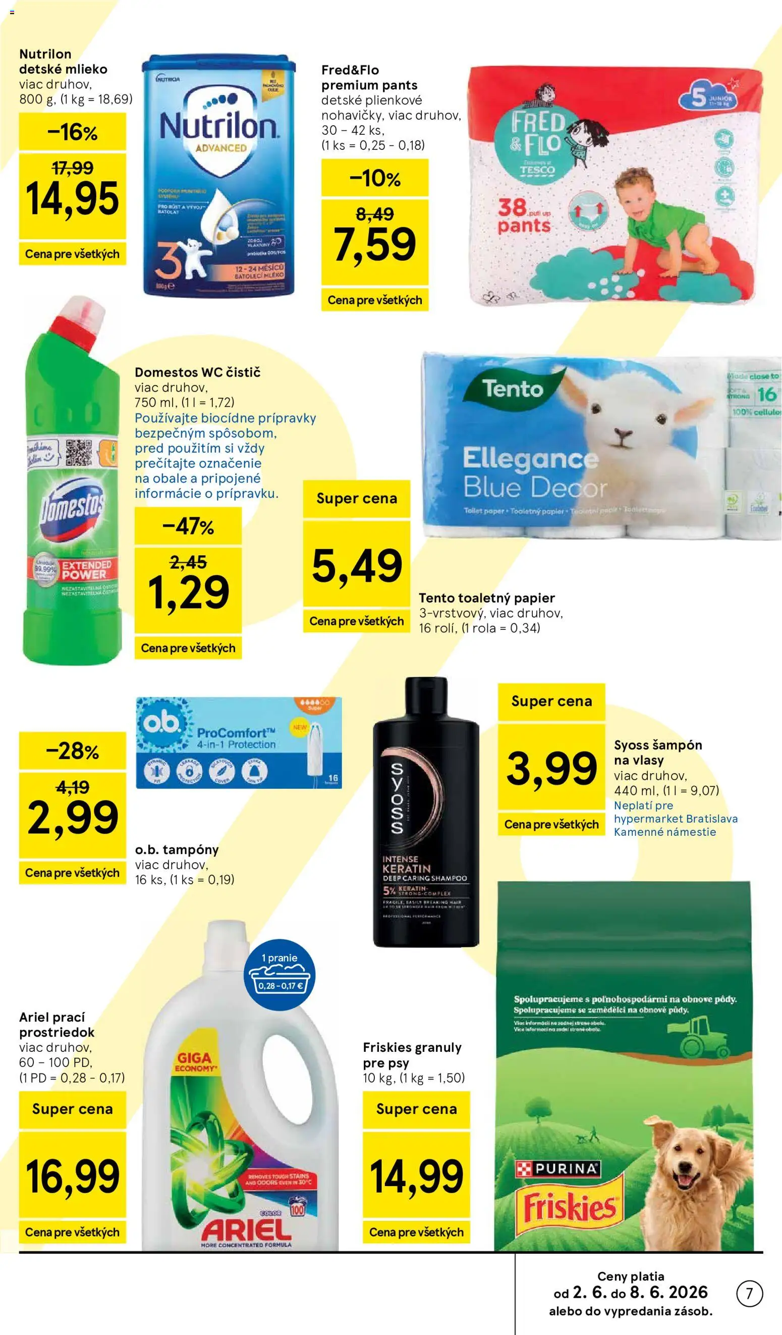 Nové Tesco akcie – leták je platný od 03.06.2026 | Strana: 7 | Produkty: Friskies, Nutrilon, Toaletný papier, Ariel