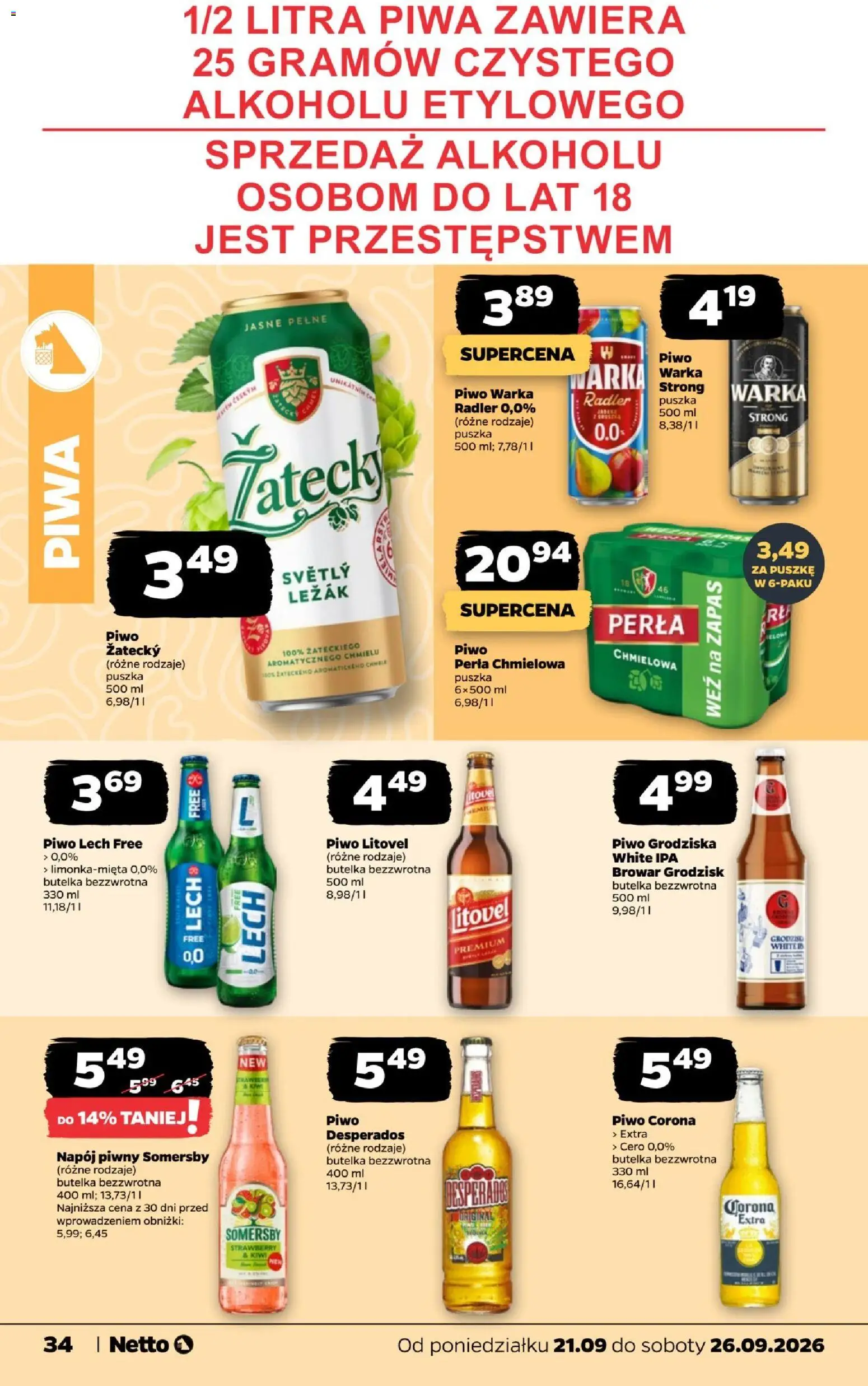 Netto gazetka od poniedziałku od 21.09.2026 | Strona: 34 | Produkty: Piwo perła, Warka, Piwo Warka, Piwo