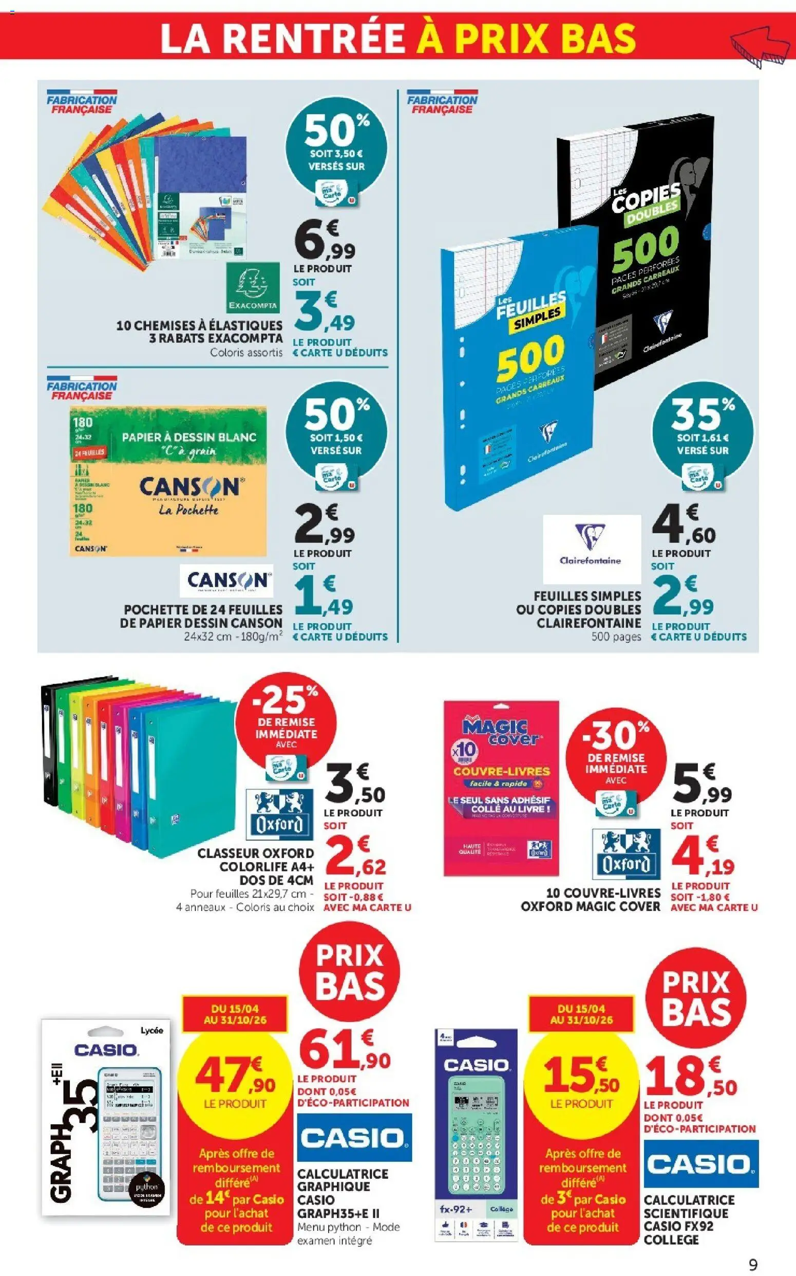 {H1} | Page: 9 | Produits: Calculatrice, Colle, Élastiques, Livre