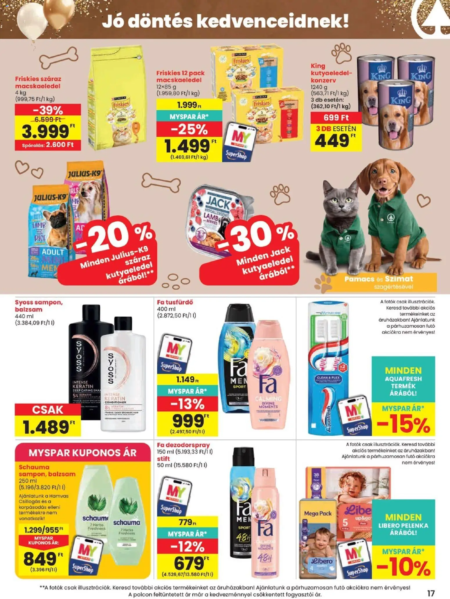 Spar akciós ujság - amely érvényes a következő dátumtól: 14.05.2026 | Oldal: 17 | Termékek: Macskaeledel, Kutyaeledel, Pelenka, Stift