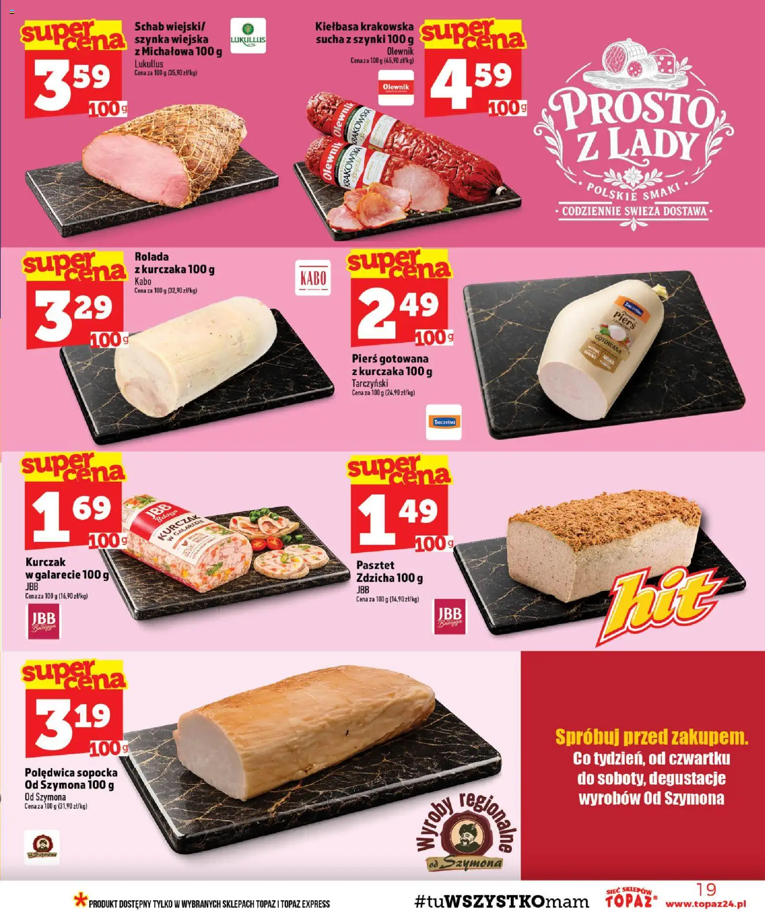 Topaz gazetka - MAZ od 13.08.2026 | Strona: 19 | Produkty: Kiełbasa, Kurczak, Schab, Rolada