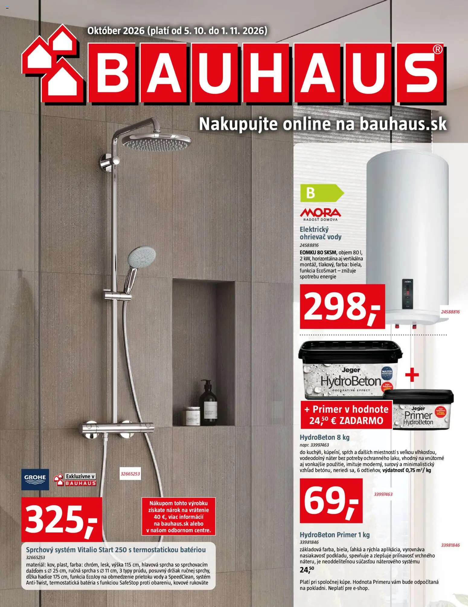 Nové Bauhaus akcie – leták je platný od 05.10.2026 | Strana: 1 | Produkty: Ohrievač vody, Ohrievač, Elektrický ohrievač, Sprcha