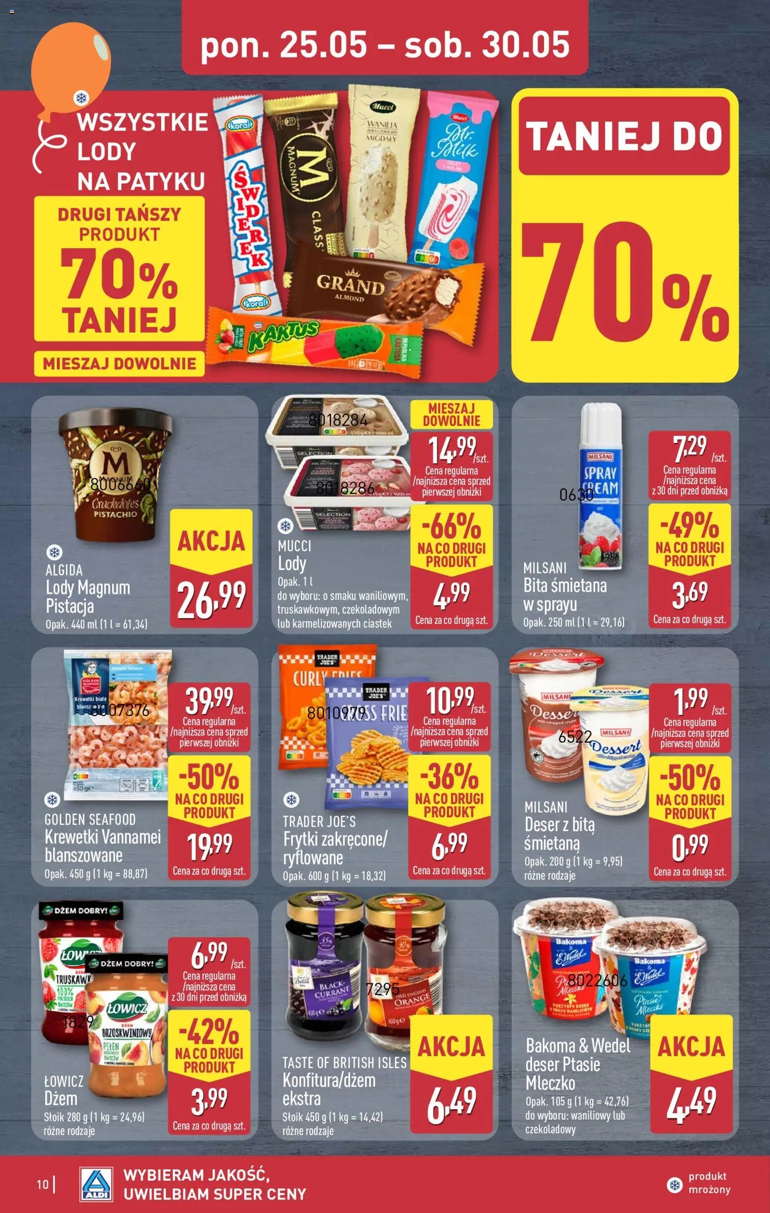 Aldi gazetka od 25.05.2026 | Strona: 10 | Produkty: Krewetki białe, Dżem, Śmietana, Lody