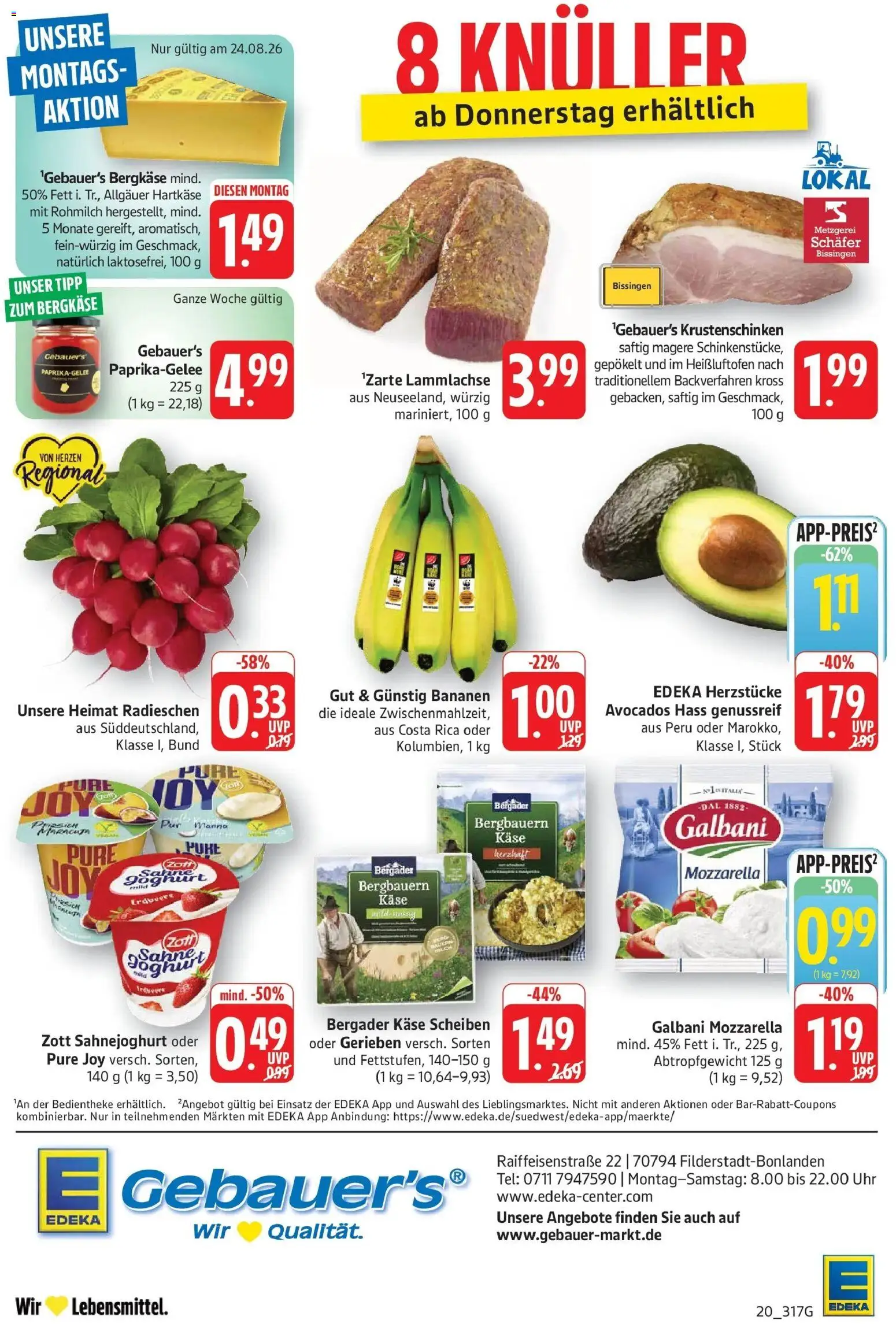 Edeka Prospekt Filderstadt-Bonlanden (ab 24.08.2026) » Angebote Online | Seite: 20 | Produkte: Käse, Mozzarella, Bananen, Uhr