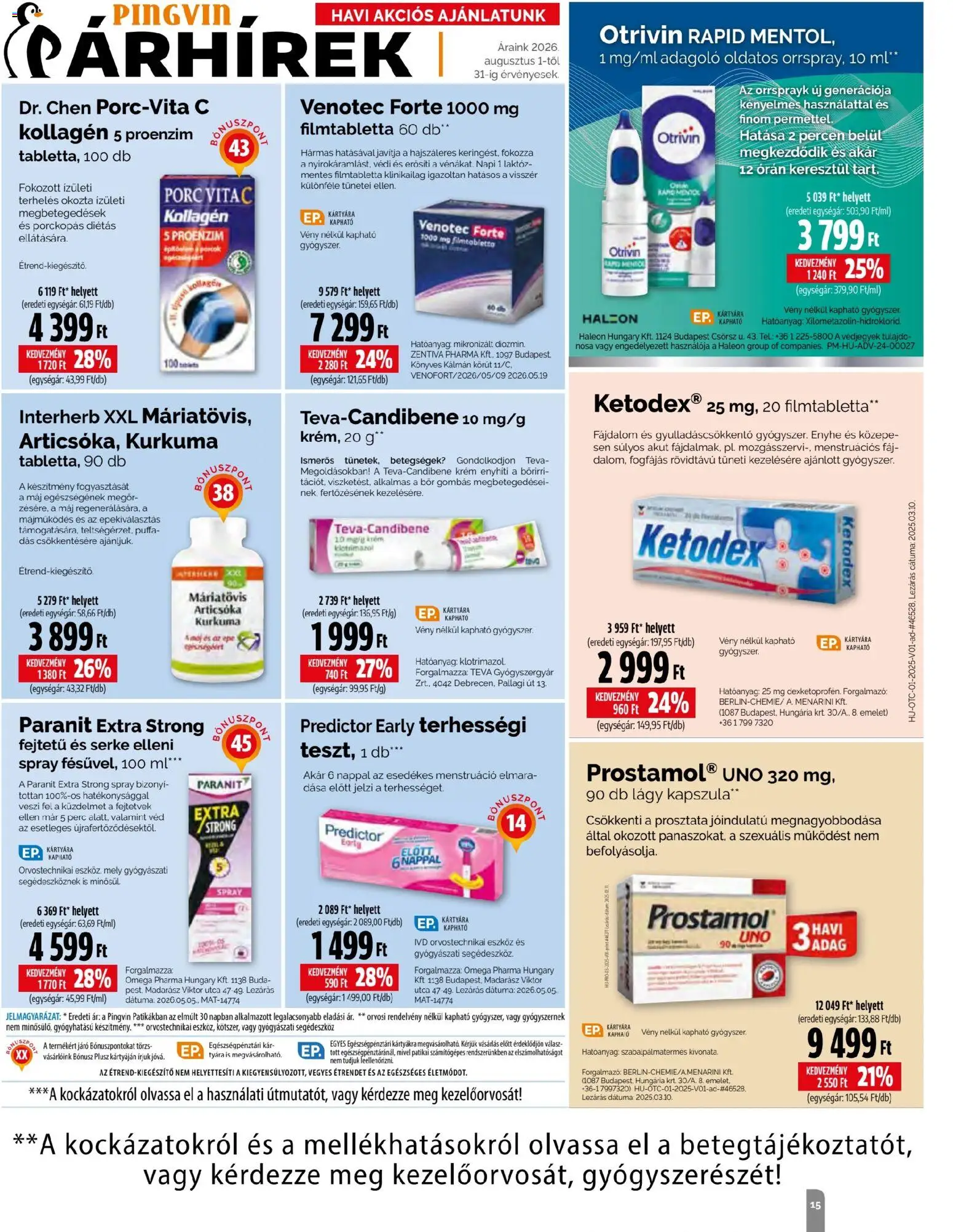Pingvin Patika akciós ujság - amely érvényes a következő dátumtól: 2026.08.01. | Oldal: 15 | Termékek: Articsóka, Kollagén, Kurkuma, Bor