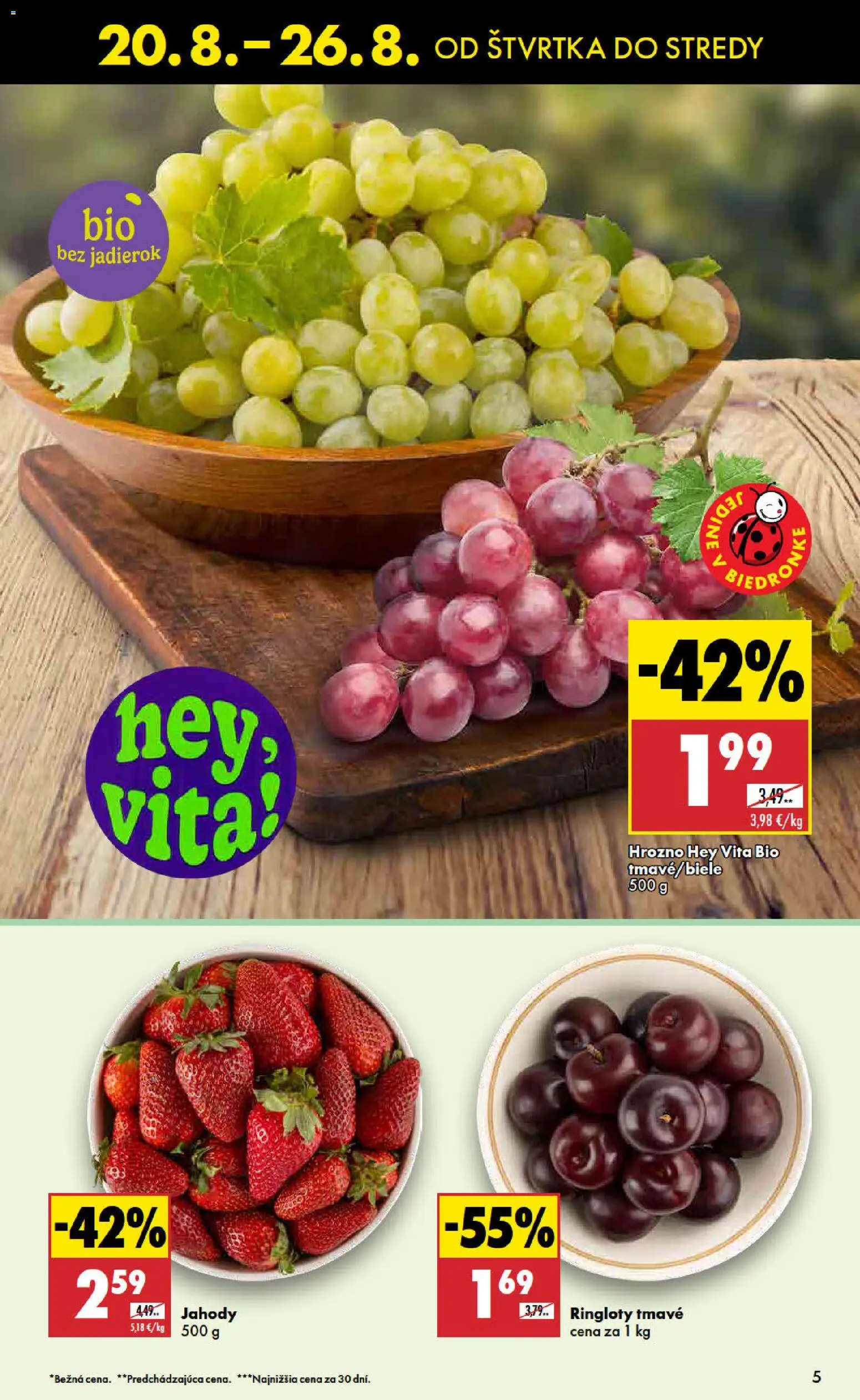 Nové Biedronka akcie – leták je platný od 20.08.2026 | Strana: 5 | Produkty: Jahody, Hrozno
