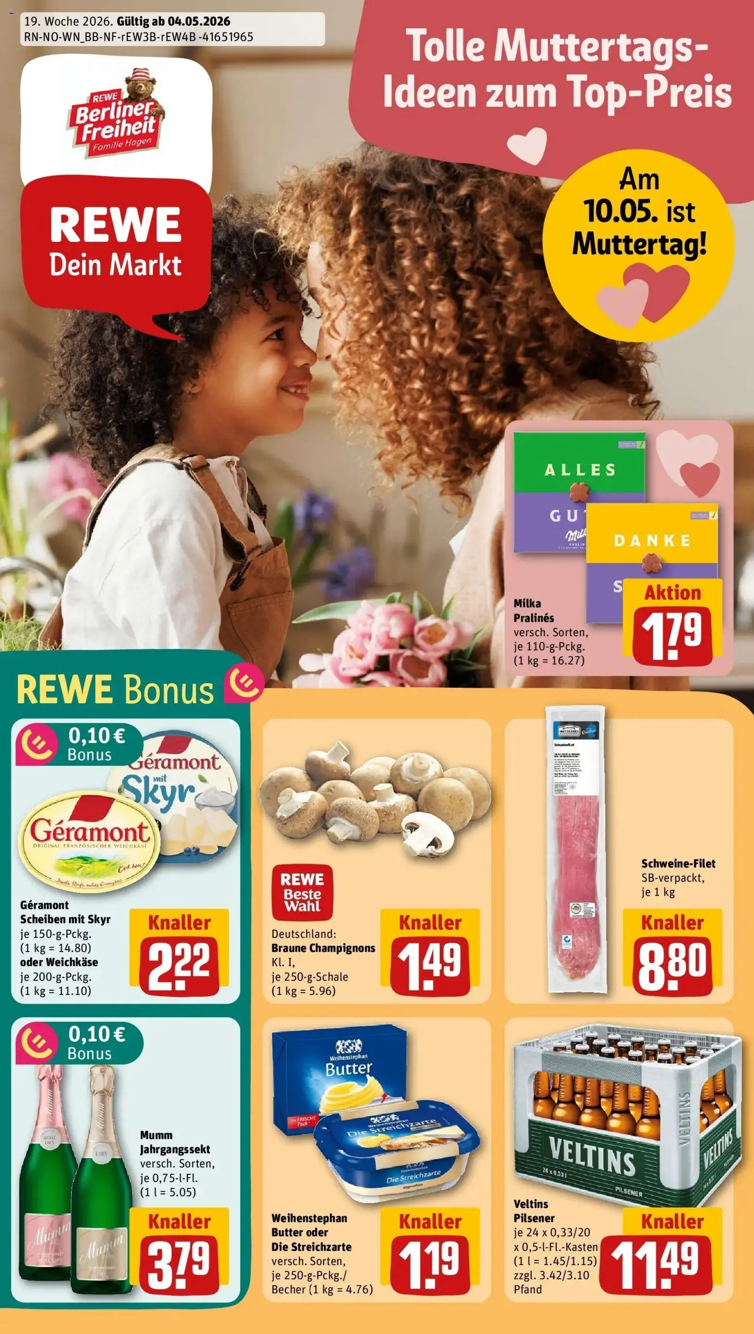 REWE Prospekt ab 04.05.2026 zum Blättern » Angebote | Seite: 1 | Produkte: Berliner, Geramont, Champignons, Veltins