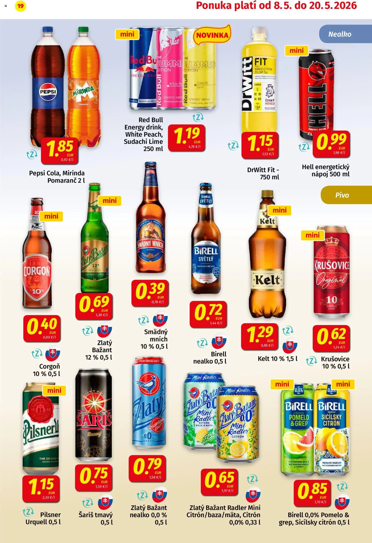 Nové Koruna akcie – leták je platný od 08.05.2026 | Strana: 19 | Produkty: Birell, Radler, Zlatý Bažant, Šariš