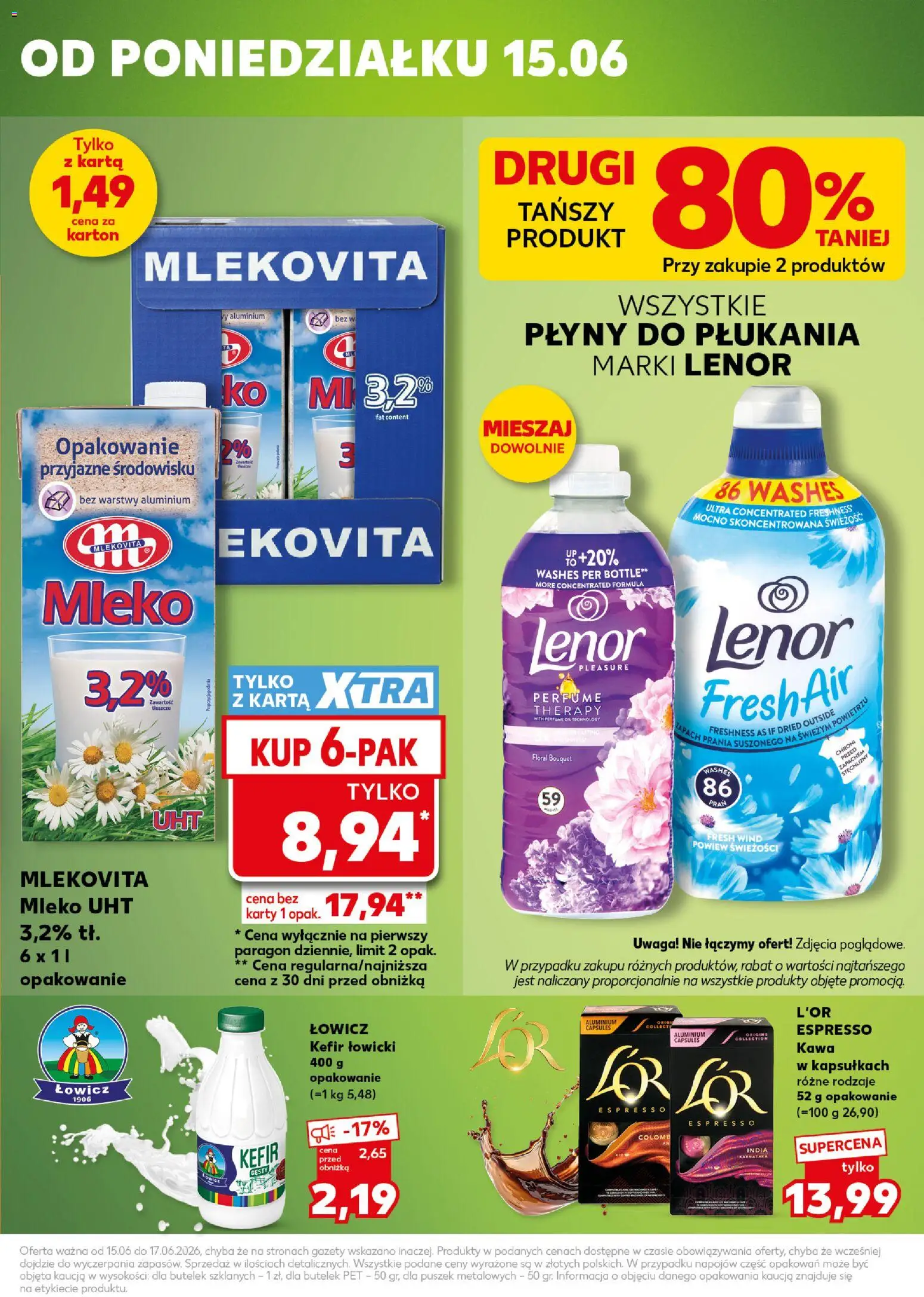 Kaufland Polsko leták - Mocny start od 15.06.2026 | Strana: 3 | Produkty: Kefír, Lenor, Mléko, Karty