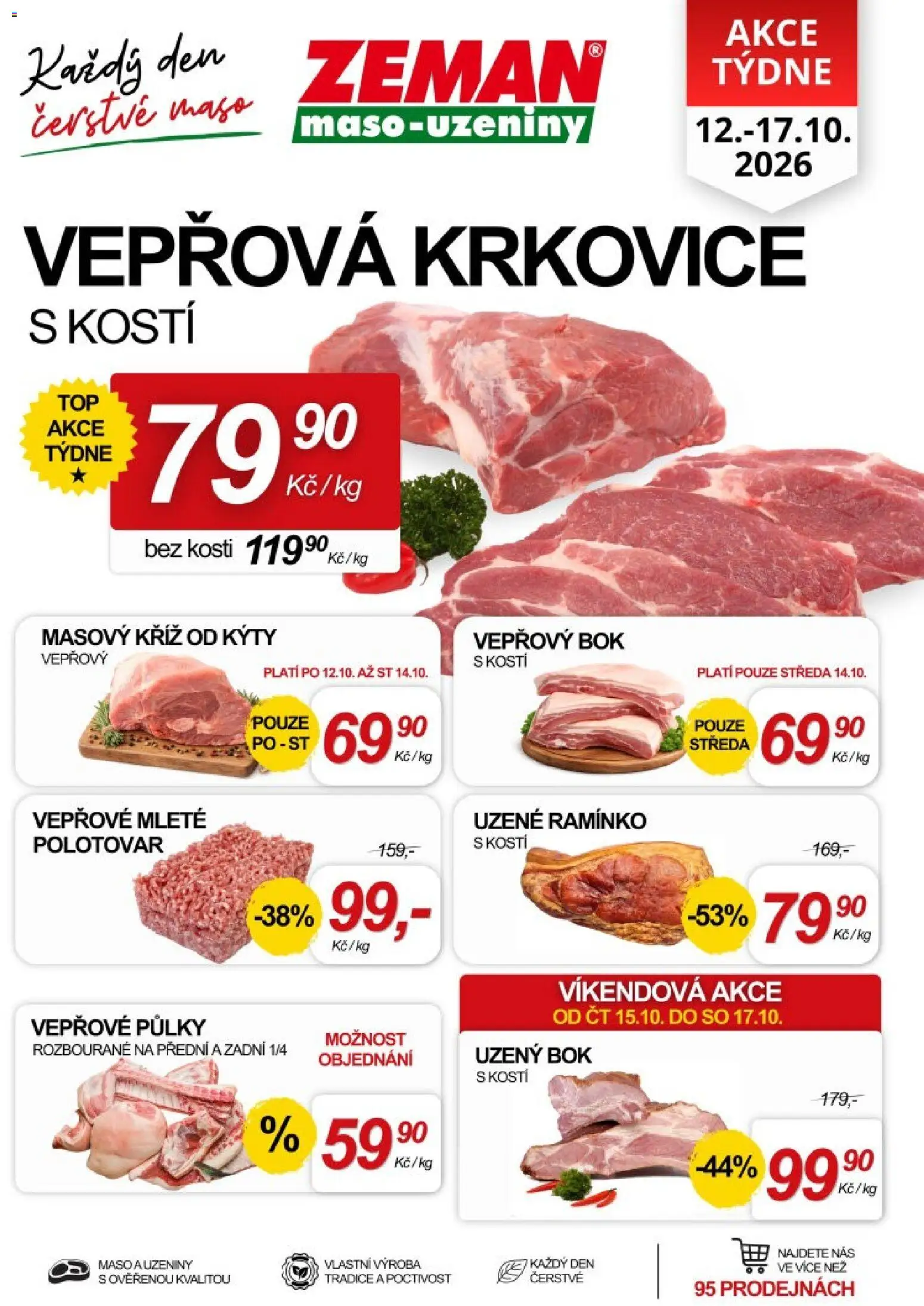Prodejny Zeman leták - Praha, Dačice, Jindřichův Hradec od 12.10.2026 | Strana: 1 | Produkty: Vepřový bok, Vepřové půlky, Maso, Vepřová krkovice