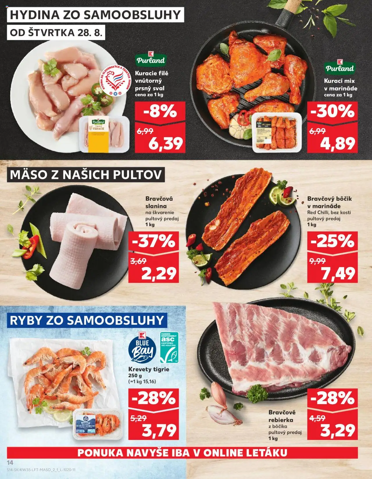 Nové Kaufland akcie – leták je platný od 28.08.2025 | Strana: 14 | Produkty: Krevety, Ryby, Slanina, Mäso