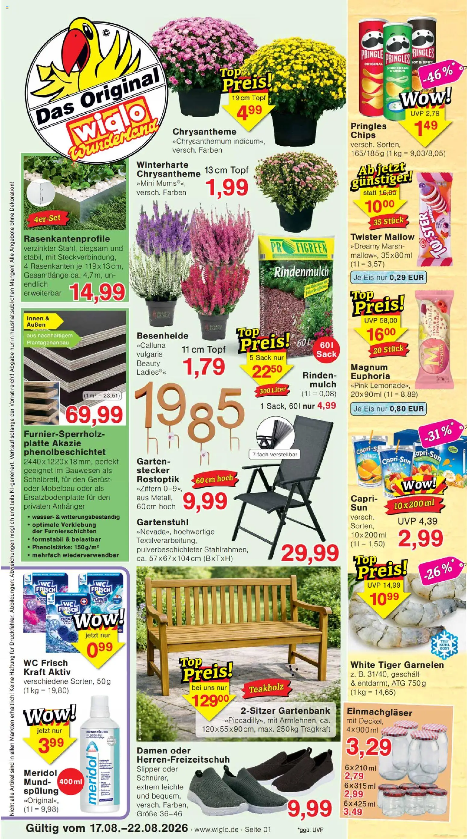 Wiglo Wunderland Prospekt – gültig ab 17.08.2026 | Seite: 1 | Produkte: Rindenmulch, Capri sun, Pringles, Eis