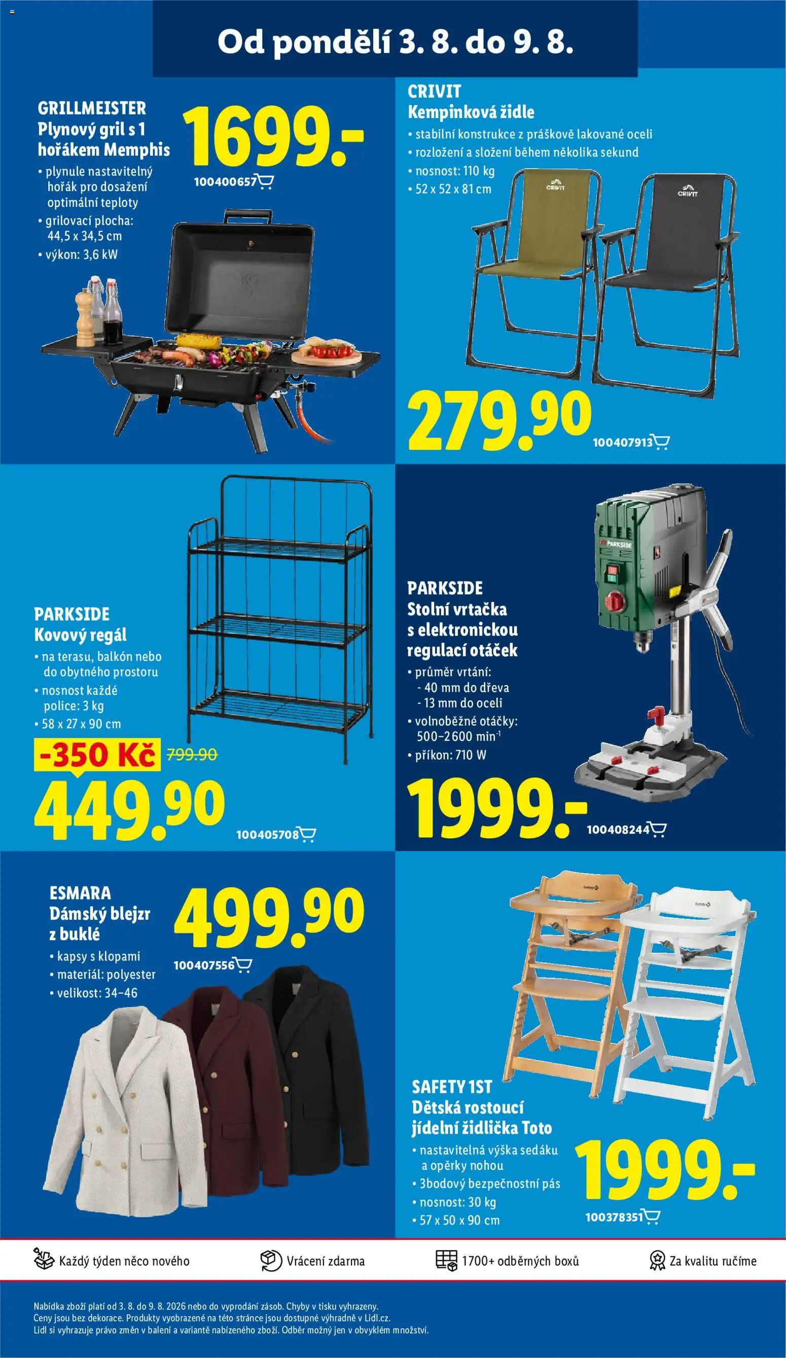 Lidl leták od 06.08.2026 | Strana: 45 | Produkty: Plynový gril, Stolní vrtačka, Jídelní židlička, Vrtačka