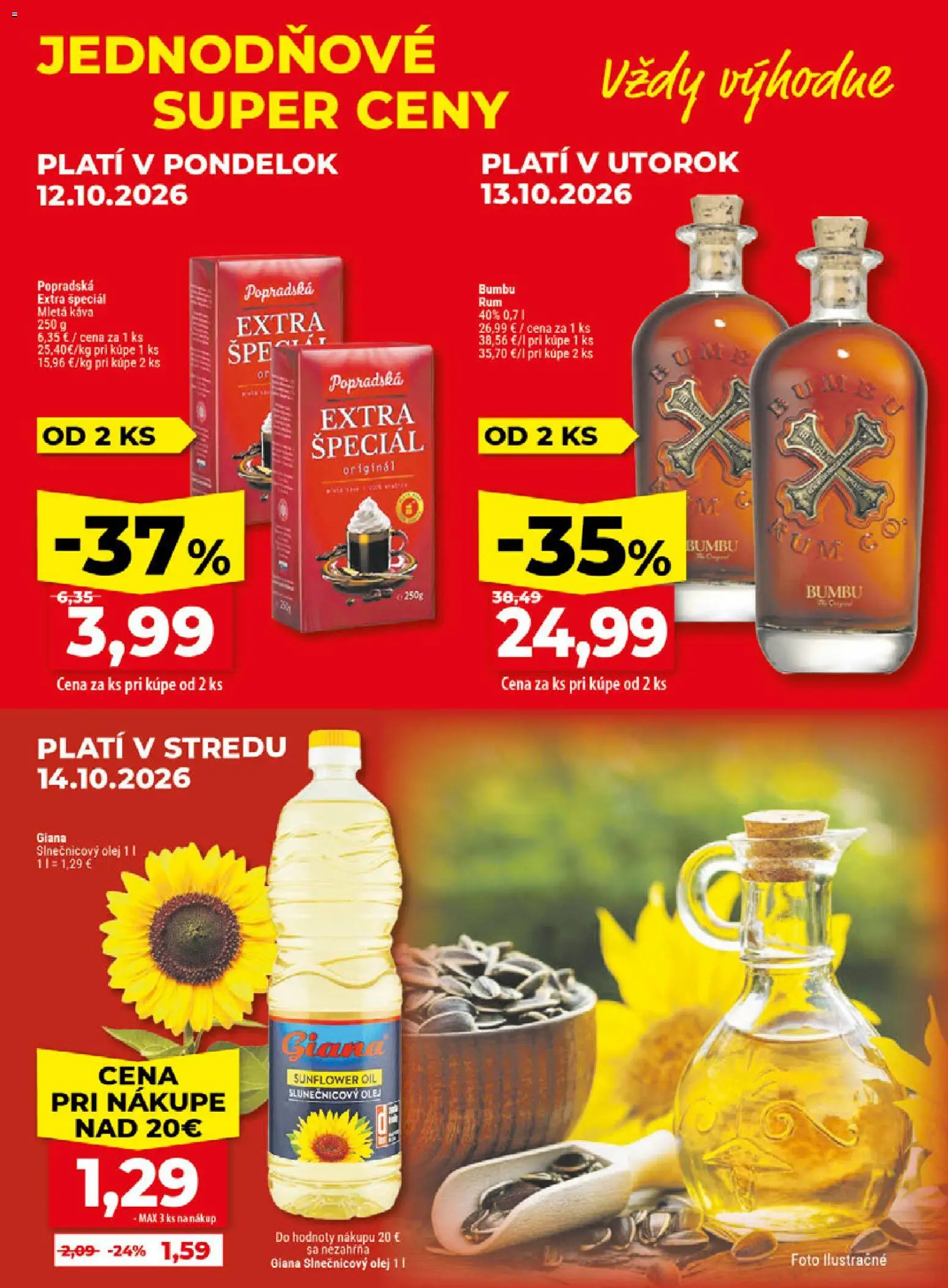 Nové Klas akcie – leták je platný od 12.10.2026 | Strana: 2 | Produkty: Olej, Káva, Slnečnicový olej, Rum