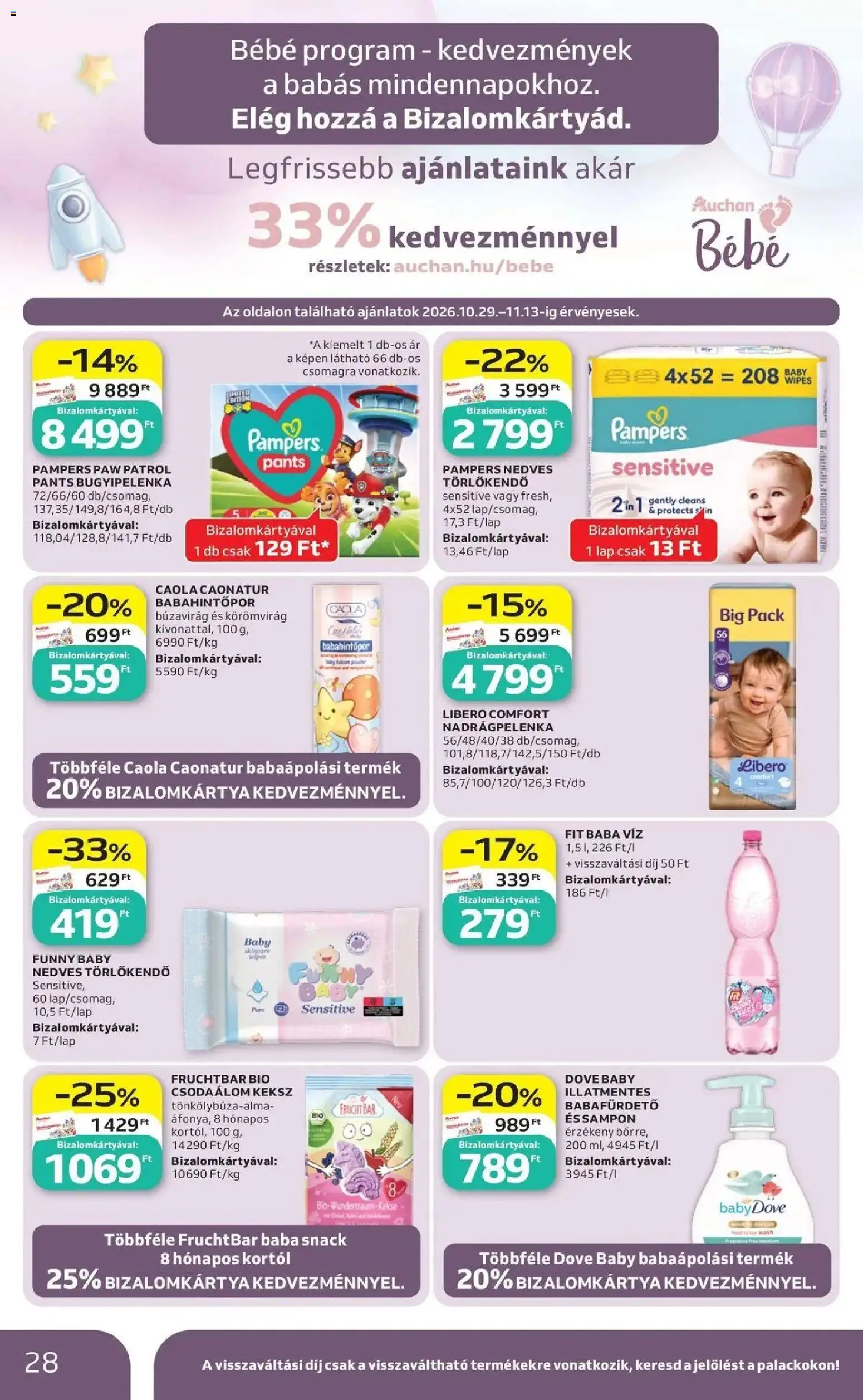 Auchan akciós újság Kecskemét - 2026.10.29. -tól/töl > akció, lapozható szórólap 🛍️ | Oldal: 28 | Termékek: Pampers, Dove, Törlőkendő, Sampon