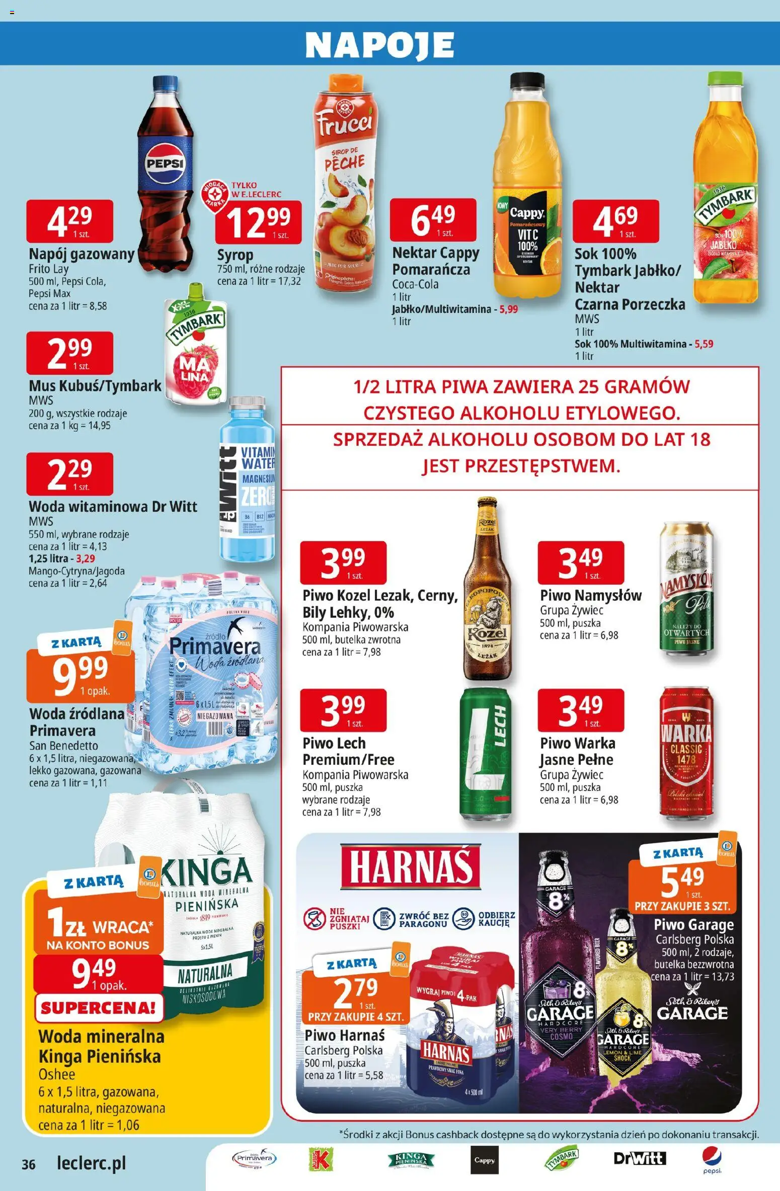 E.Leclerc gazetka - Radom od 10.03.2026 | Strona: 36 | Produkty: Piwo Warka, Harnaś, Sok, Woda