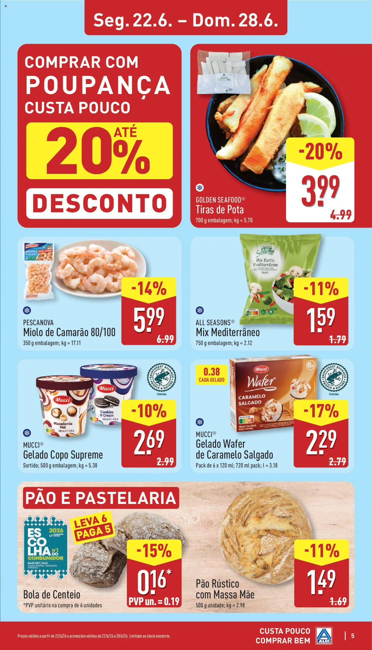 Aldi folheto │ válido de 22.06.2026 | Página: 5 | Produtos: Camarão, Gelado, Pão, Massa