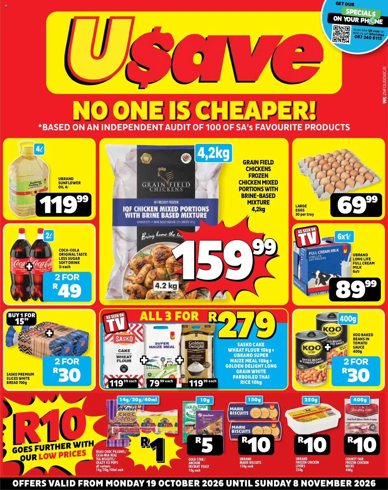 New Usave catalogue – valid from 19/10/2026 | Page: 1 | Products: Milk, Eggs, Biscuits, Rice