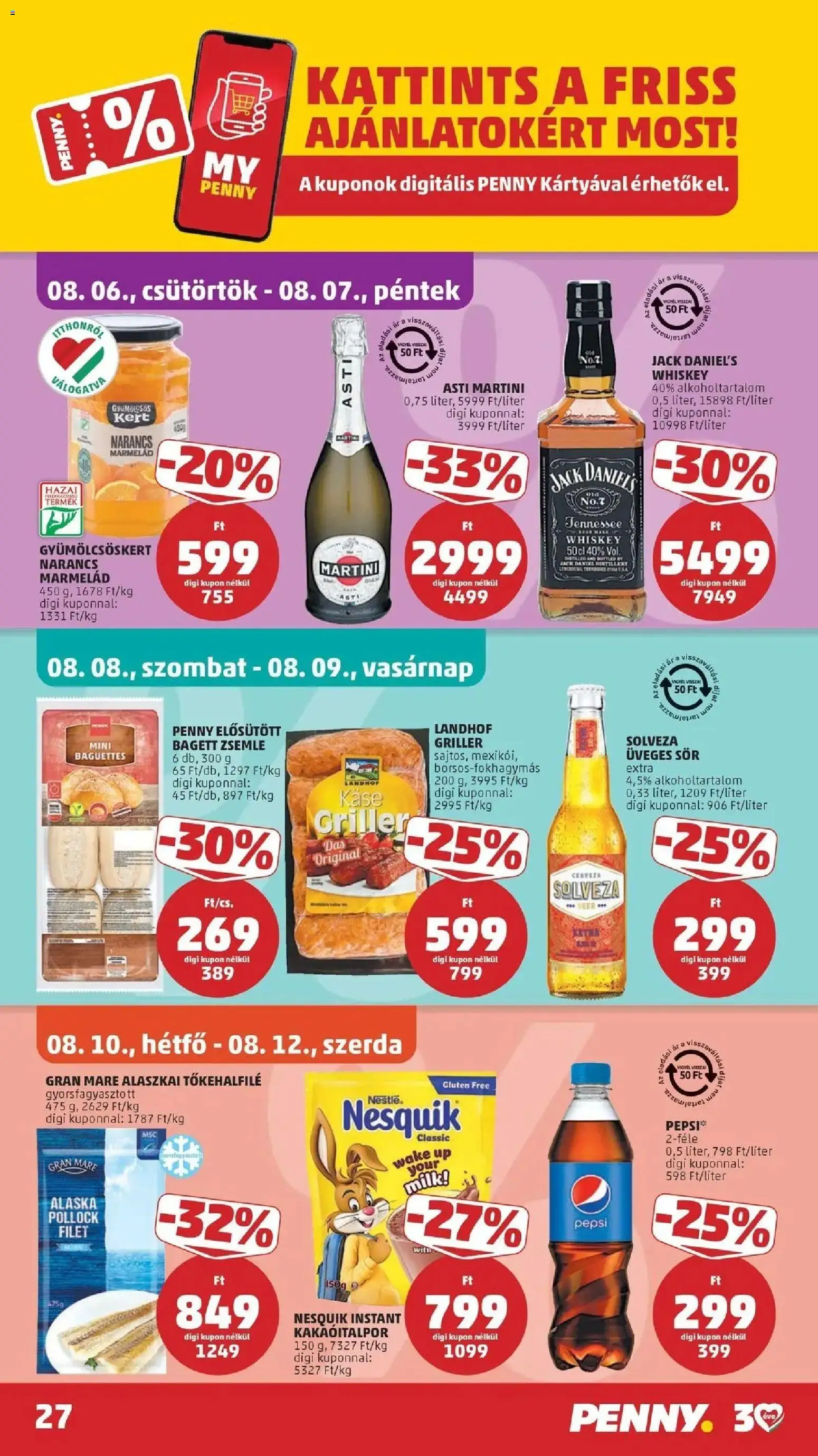 PENNY akciós ujság - amely érvényes a következő dátumtól: 2026.08.06. | Oldal: 27 | Termékek: Zsemle, Grill, Nesquik, Narancs