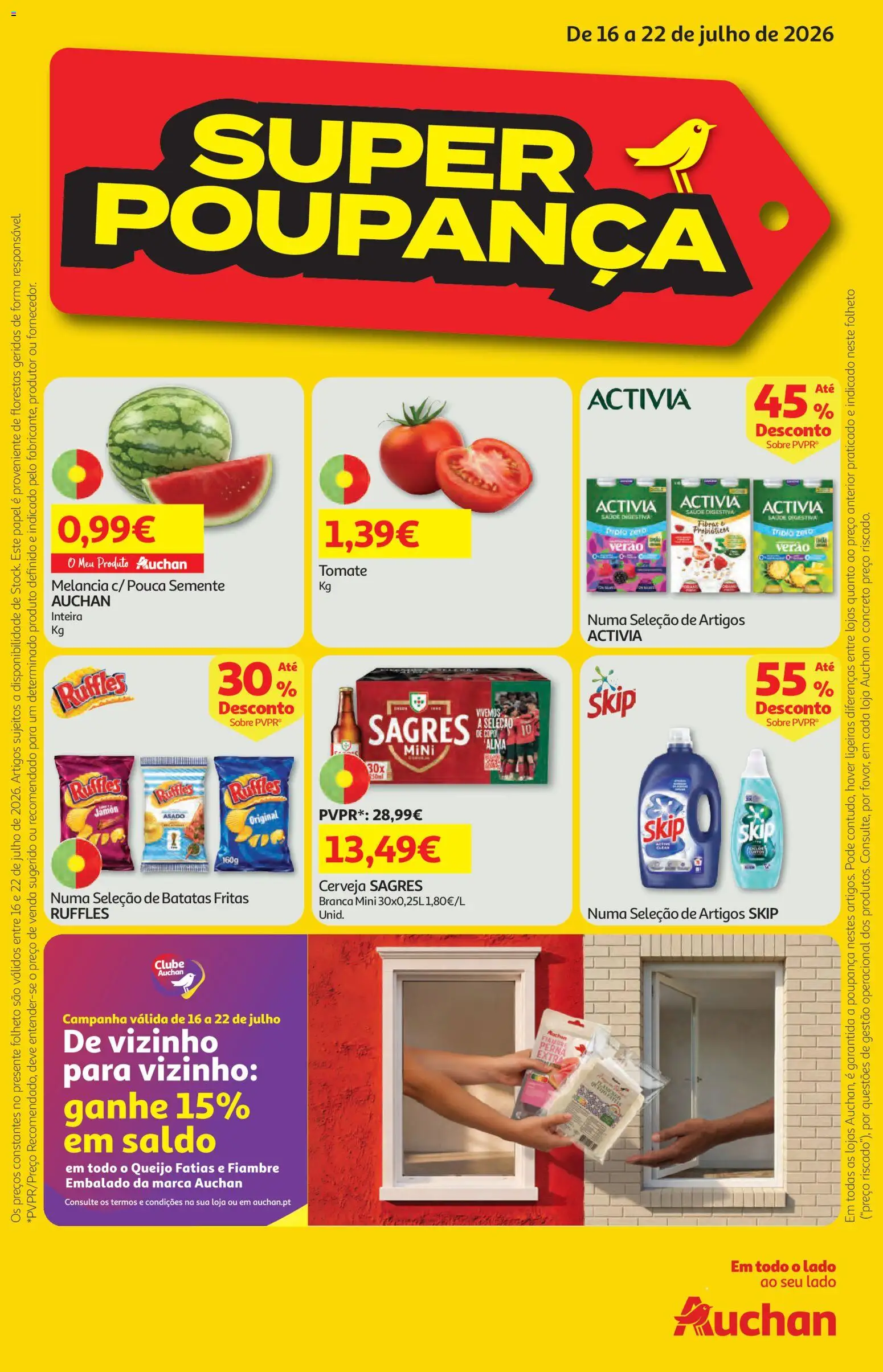 Auchan folheto │ válido de 16/07/2026 | Página: 1 | Produtos: Queijo, Cerveja, Tomate, Batatas fritas