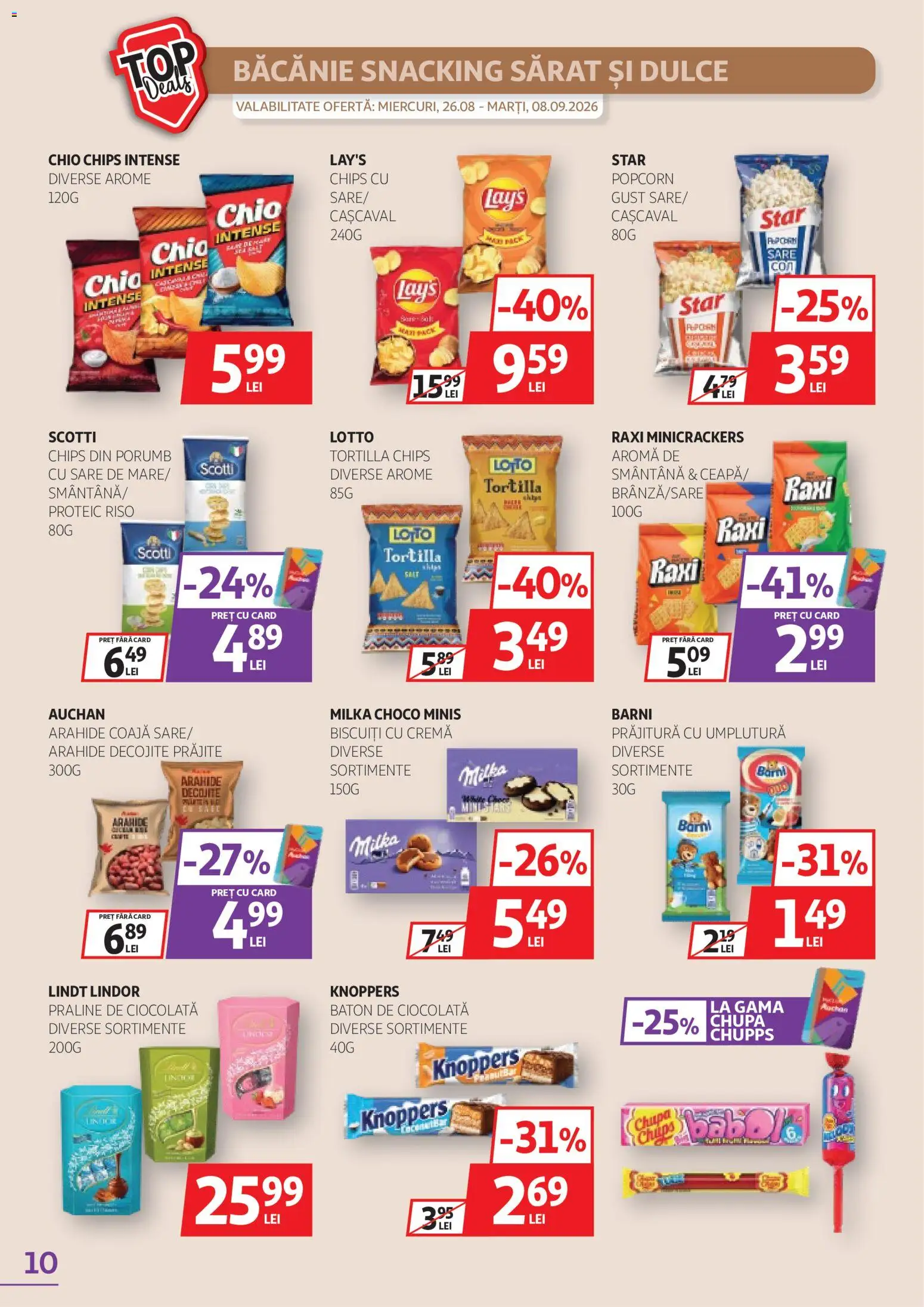 Noul catalog Auchan – valabil de la 26.08.2026 | Pagină: 10 | Produse: Lindt, Arahide, Biscuiți, Sare