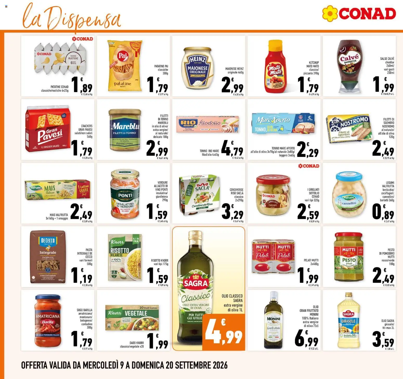 Volantino Conad del 09/09/2026 | Pagina: 16 | Prodotti: Olio Sagra, Cannellini, Farfalle, Sgombro