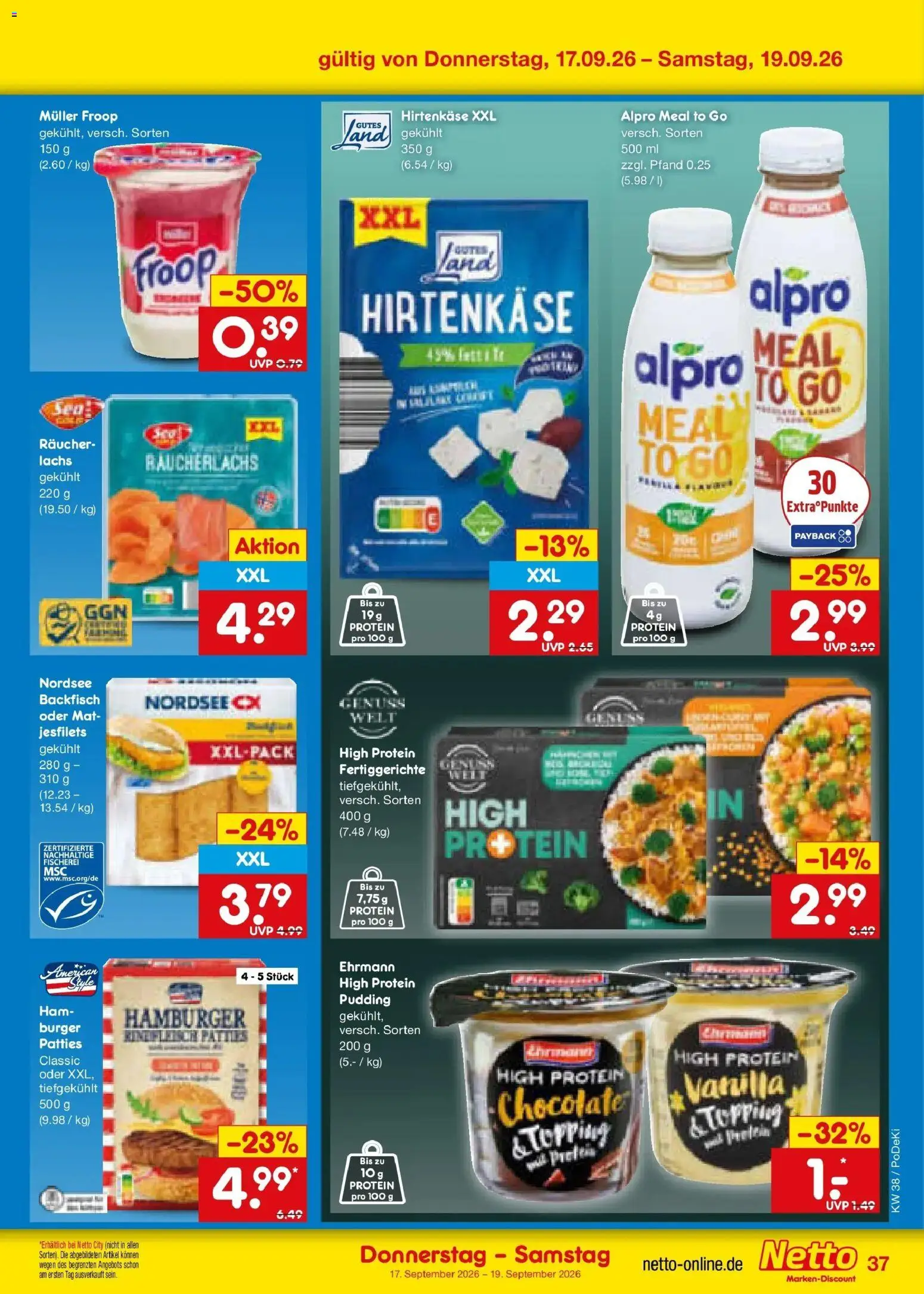 Netto Marken-Discount Prospekt Nürnberg – gültig ab 14.09.2026 | Seite: 51 | Produkte: Burger, Lachs, Alpro, Fertiggerichte