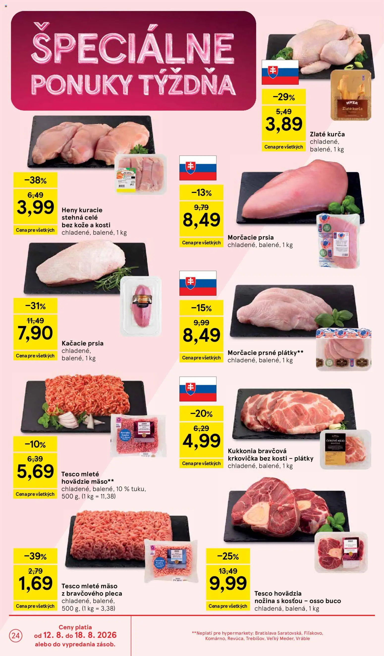 Nové Tesco akcie – leták je platný od 12.08.2026 | Strana: 24 | Produkty: Bravčová krkovička, Morčacie prsia, Kurča, Stehná