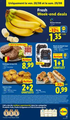 Hamburger de boeuf XXL, Hamburger de boeuf XXL, • 6 pièces, • 750 g - 11,99 EUR/kg - Voorbeeld van een folder van Lidl, geldig van 24/08/2026 | Pagina: 32 | Producten: Hamburger, Hotdog, NOS, Crème