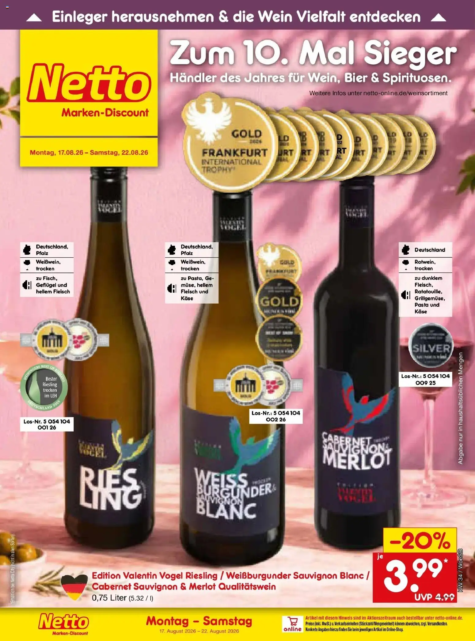 Netto Marken-Discount Prospekt Gemmingen – gültig ab 17.08.2026 | Seite: 44 | Produkte: Bier, Merlot, Pasta, Wein