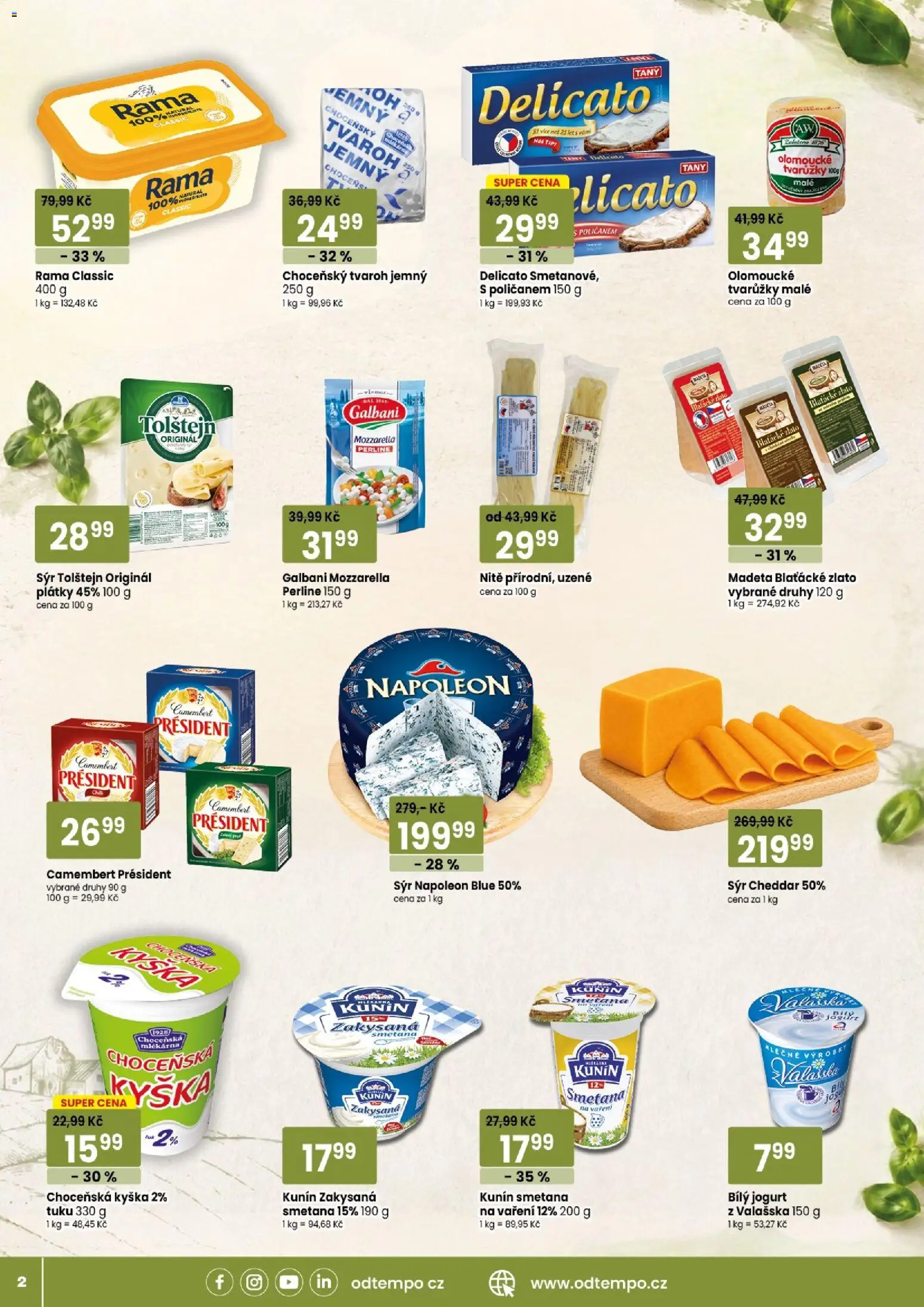 Tempo leták od 09.09.2026 | Strana: 2 | Produkty: Tvaroh, Bílý jogurt, Cheddar, Camembert