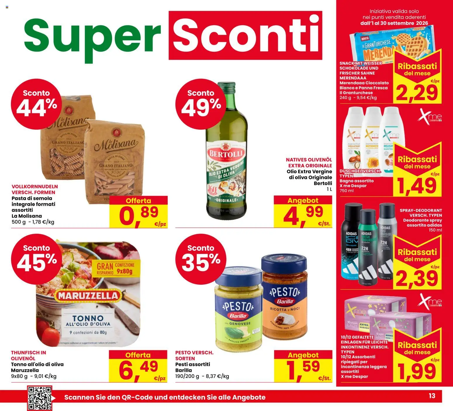 Volantino Eurospar del 17/09/2026 | Pagina: 13 | Prodotti: Pasta, Barilla, Olio extra vergine, Assorbenti