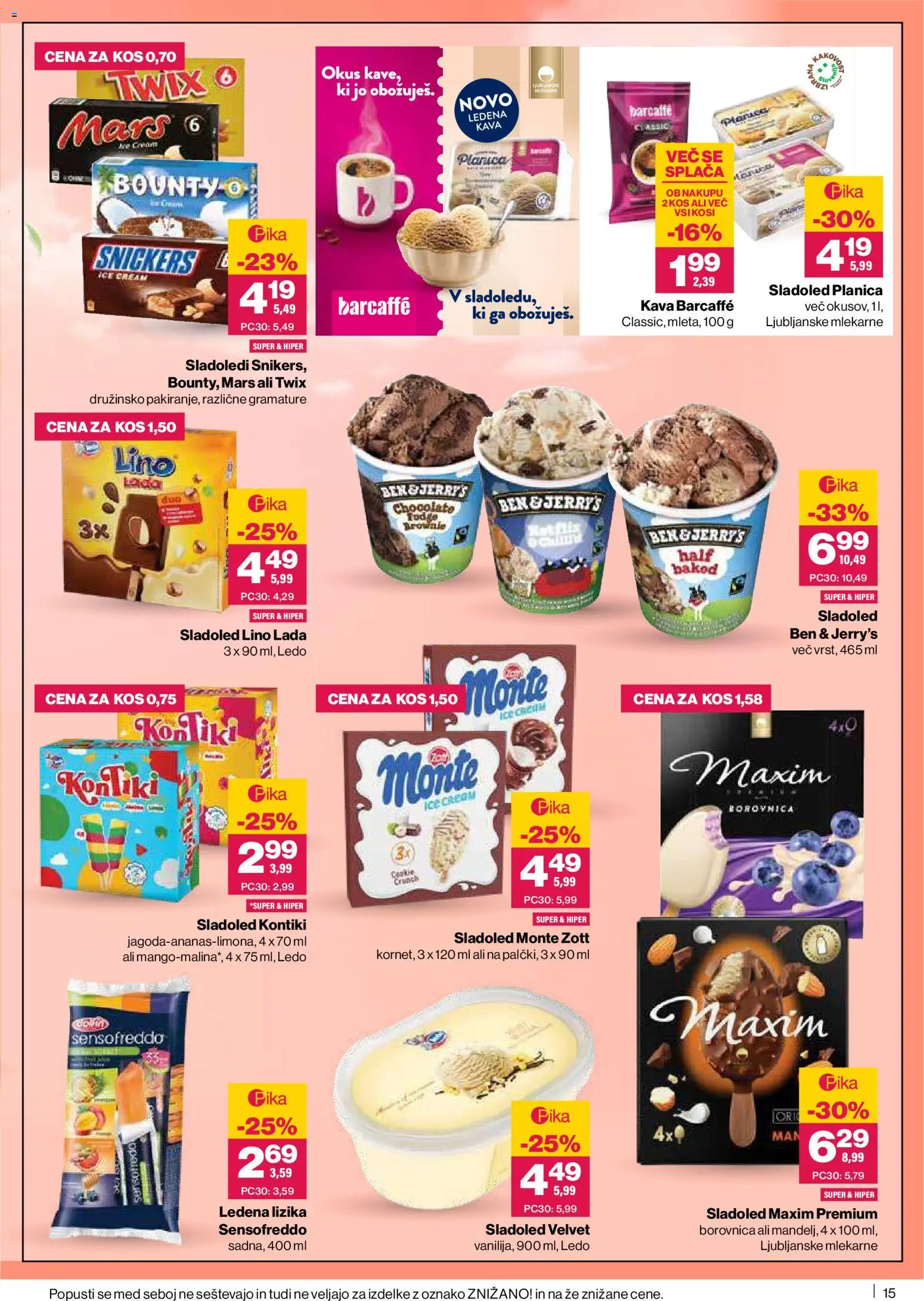 Novi Mercator katalog ponudbe – veljaven od 26.06.2026 | Stran: 15 | Izdelki: Kos, Kava, Sladoled