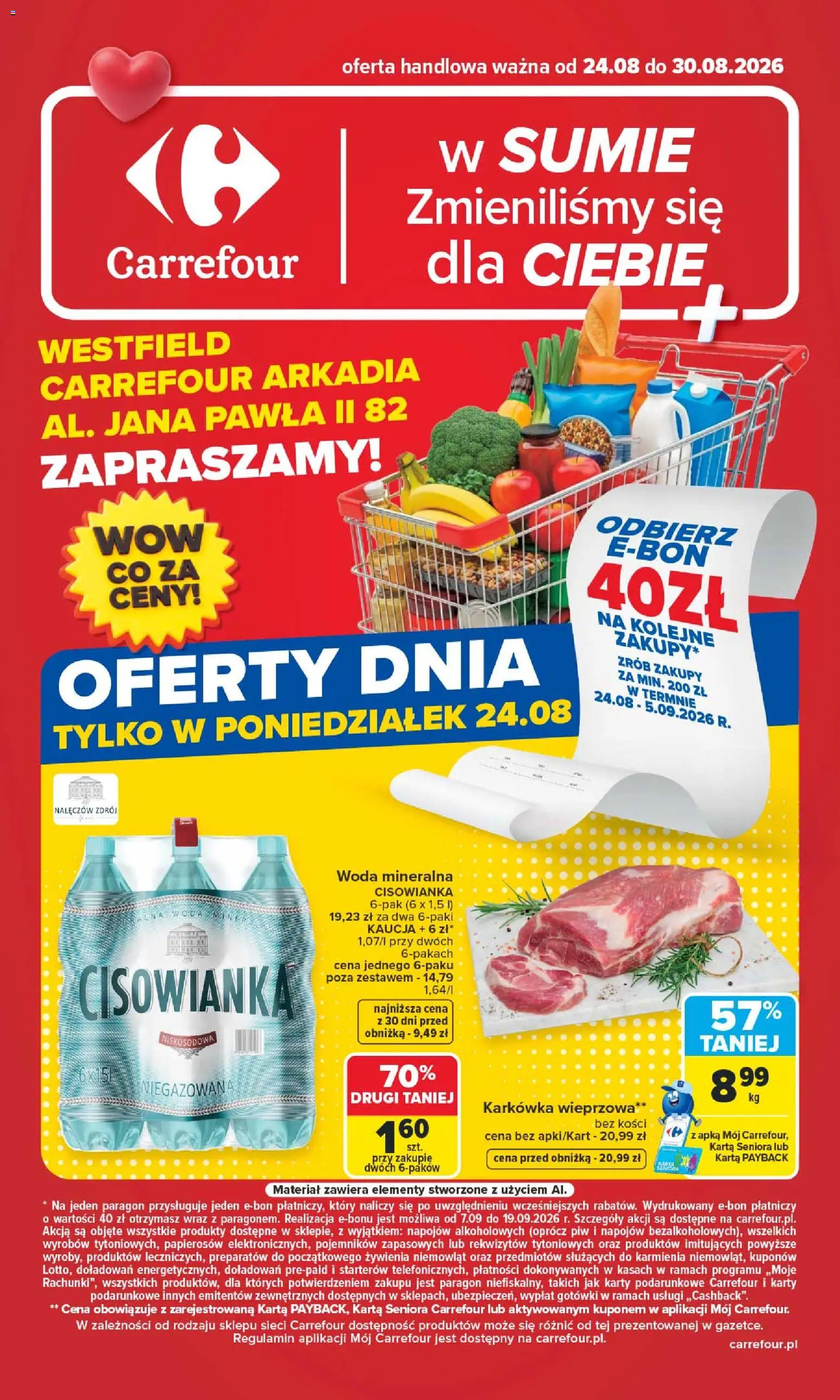 Carrefour gazetka - Warszawa od 24.08.2026 | Strona: 1 | Produkty: Karta, Cisowianka, Woda mineralna, Woda